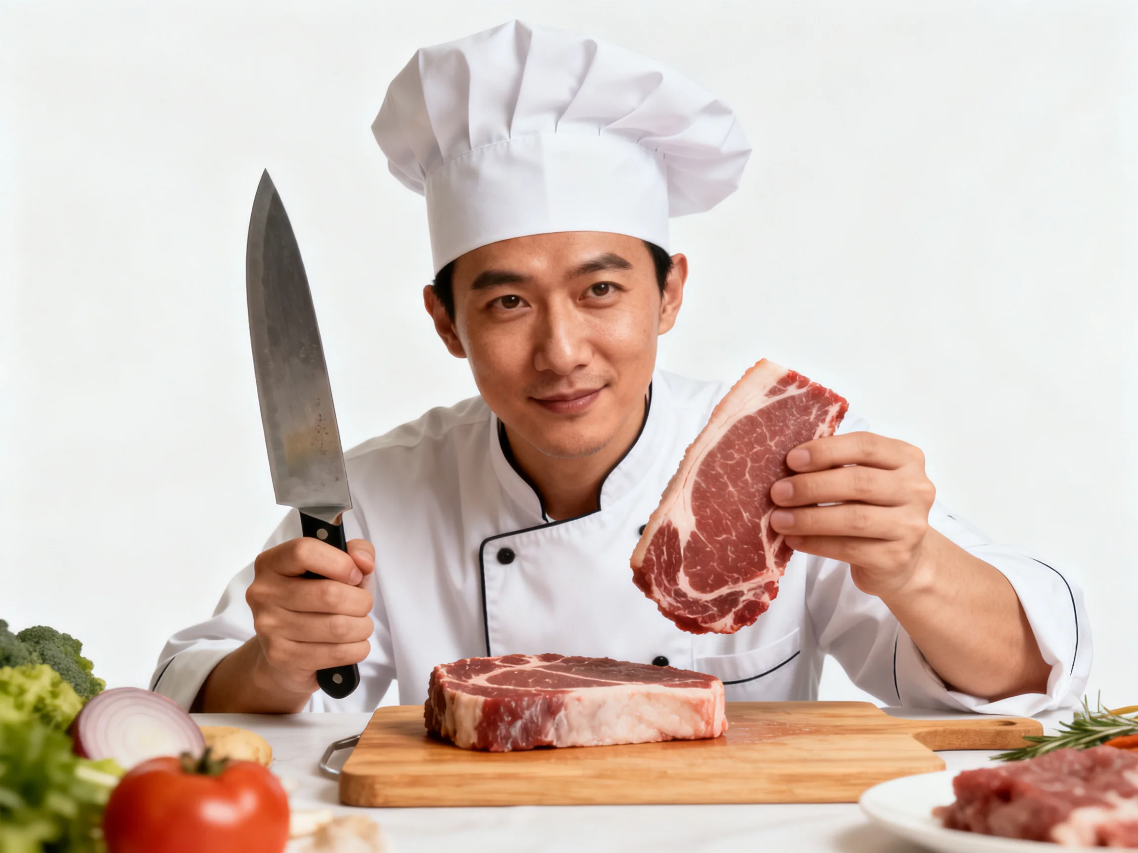 A chef presenting raw steak with knife near fresh vegetables