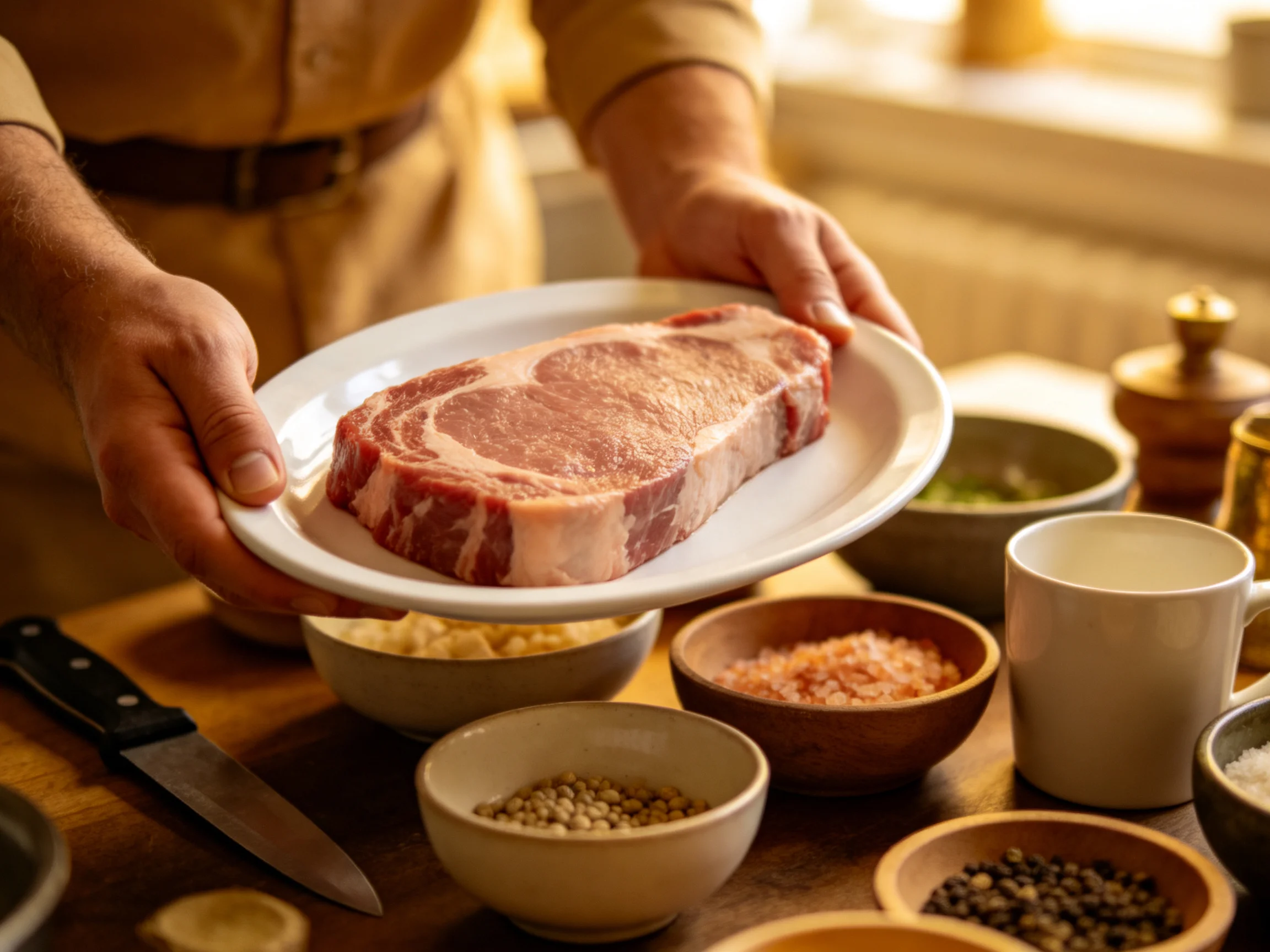 A chef presents a large raw ribeye steak among spice containers