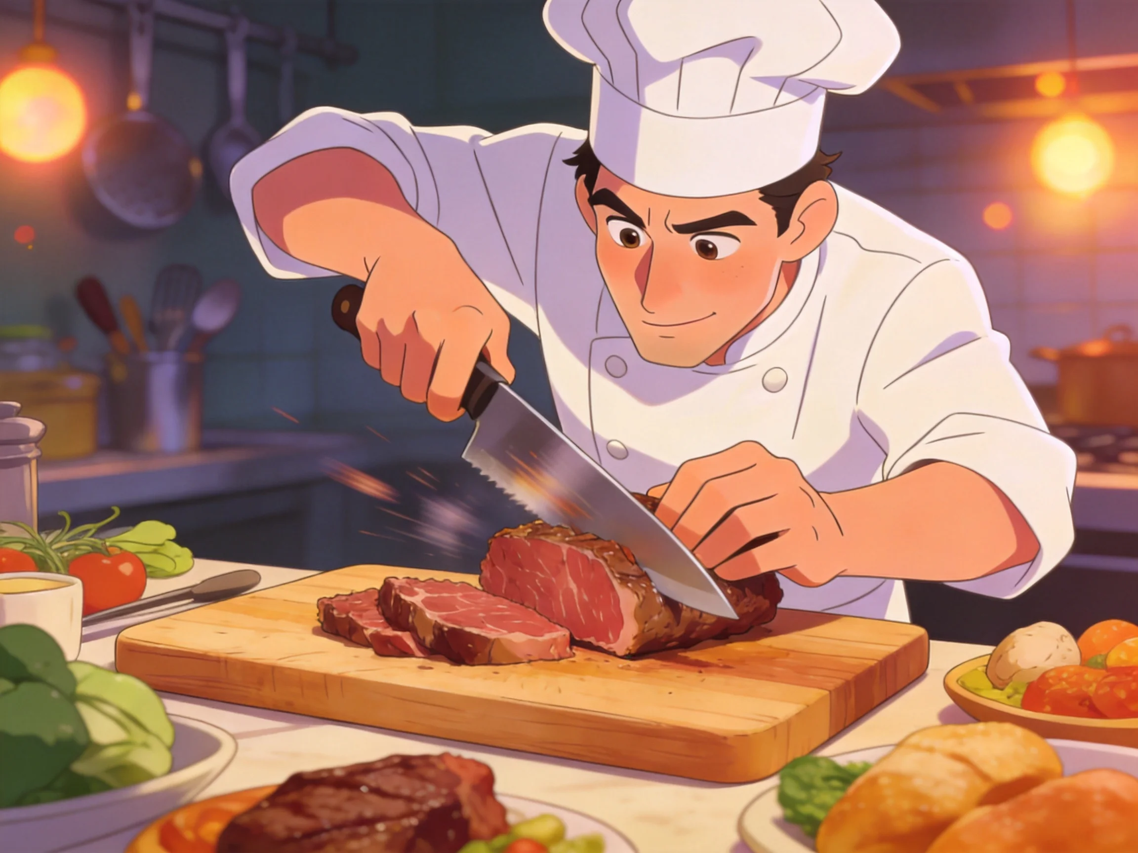 A chef skillfully slicing roasted meat in a cozy kitchen