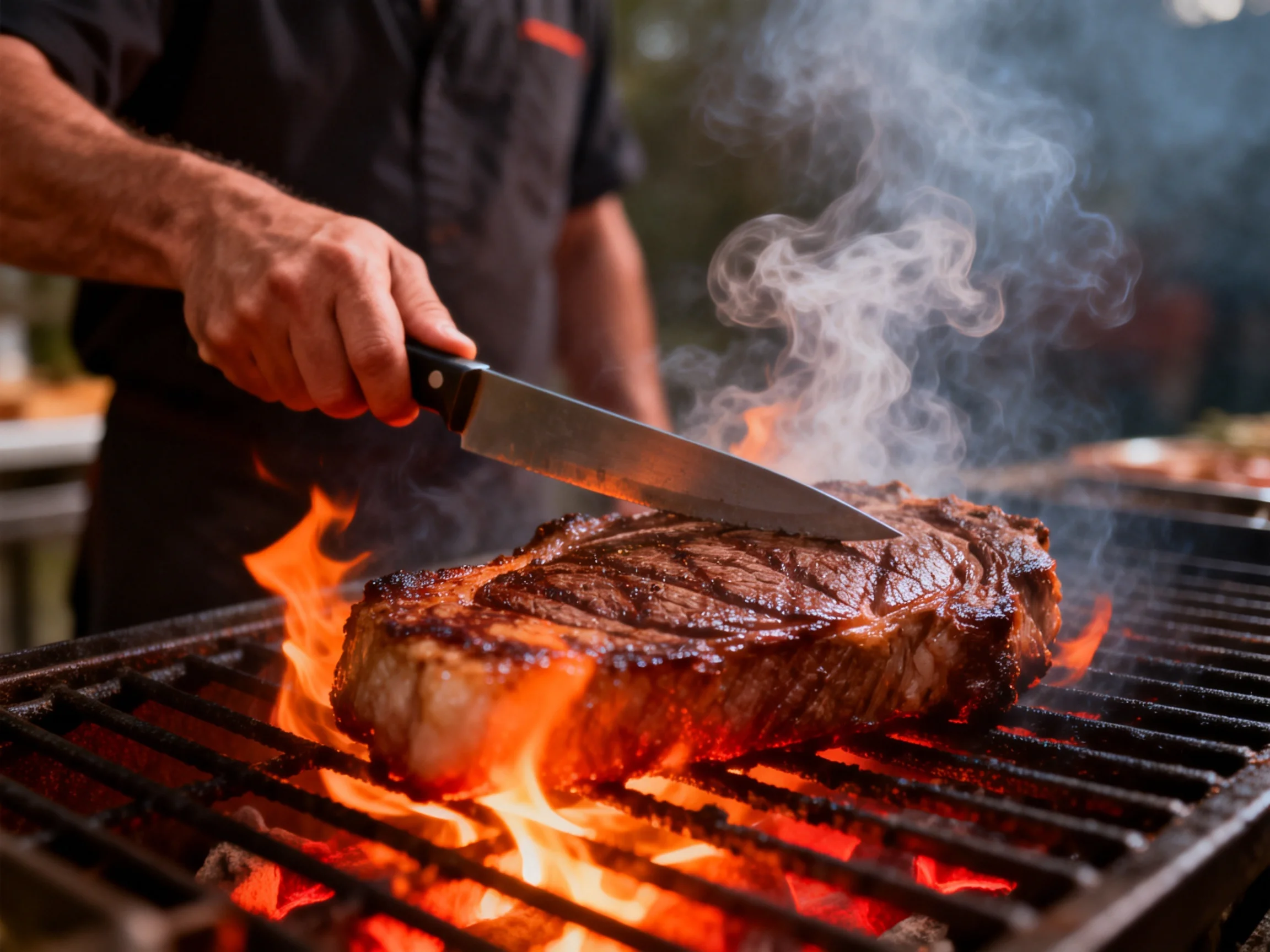 A chef slicing a grilled steak over open flames on a barbecue