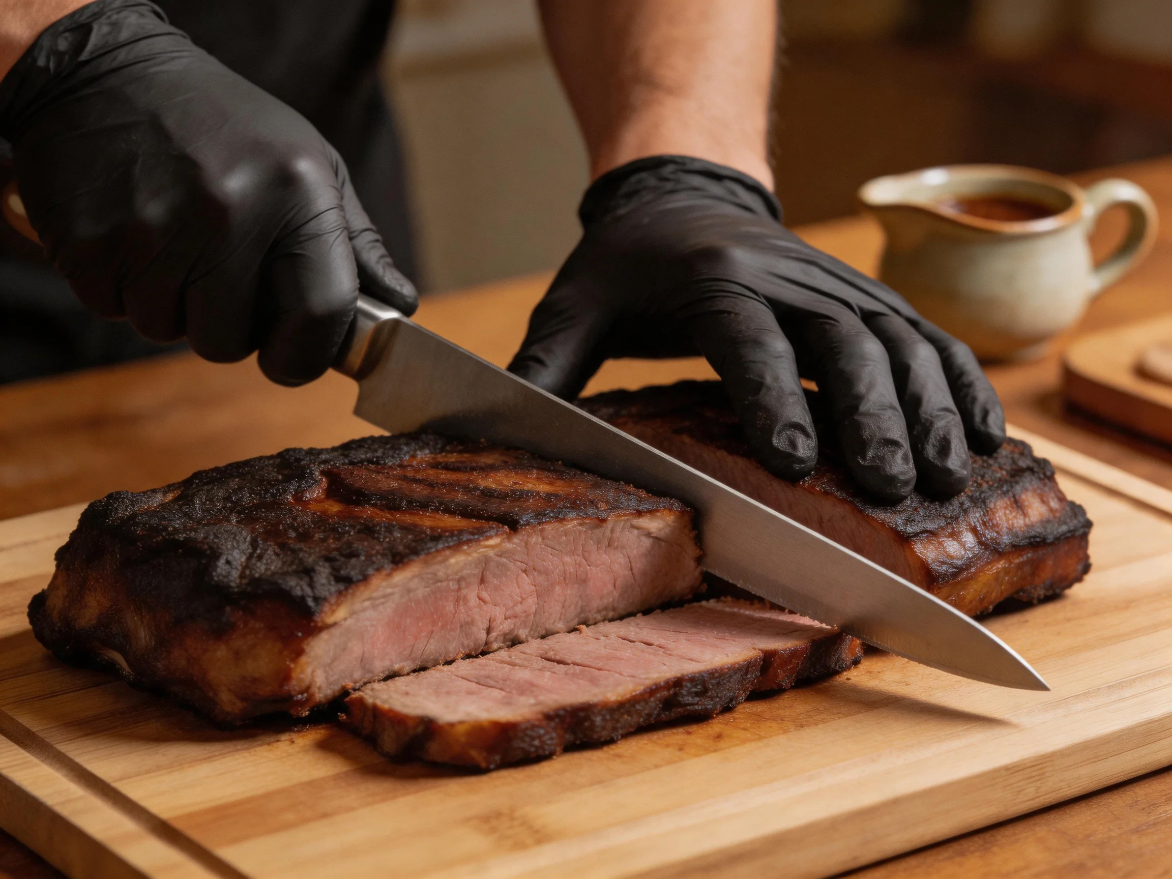 A chef slicing a juicy, dark-smoked brisket on a wooden cutting board
