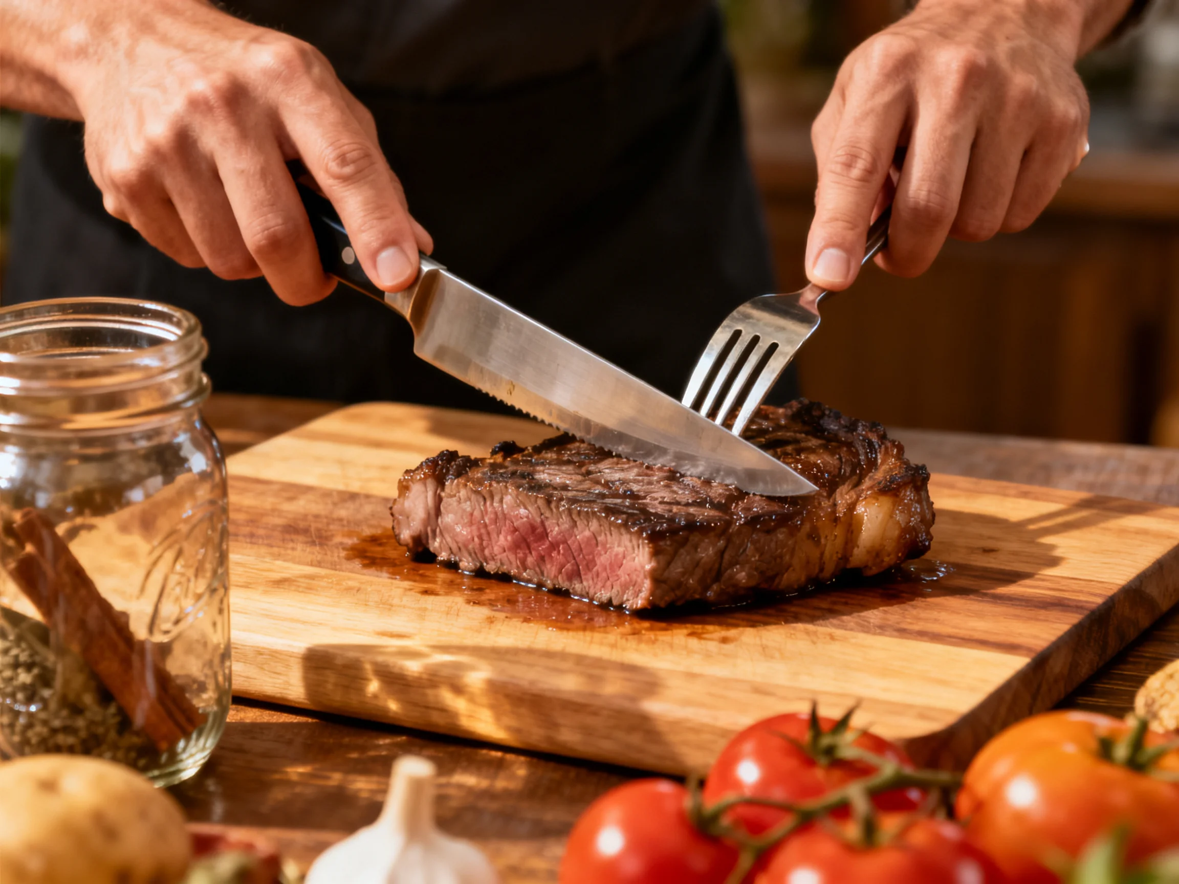 A chef slicing a juicy medium-rare steak on a wooden cutting board