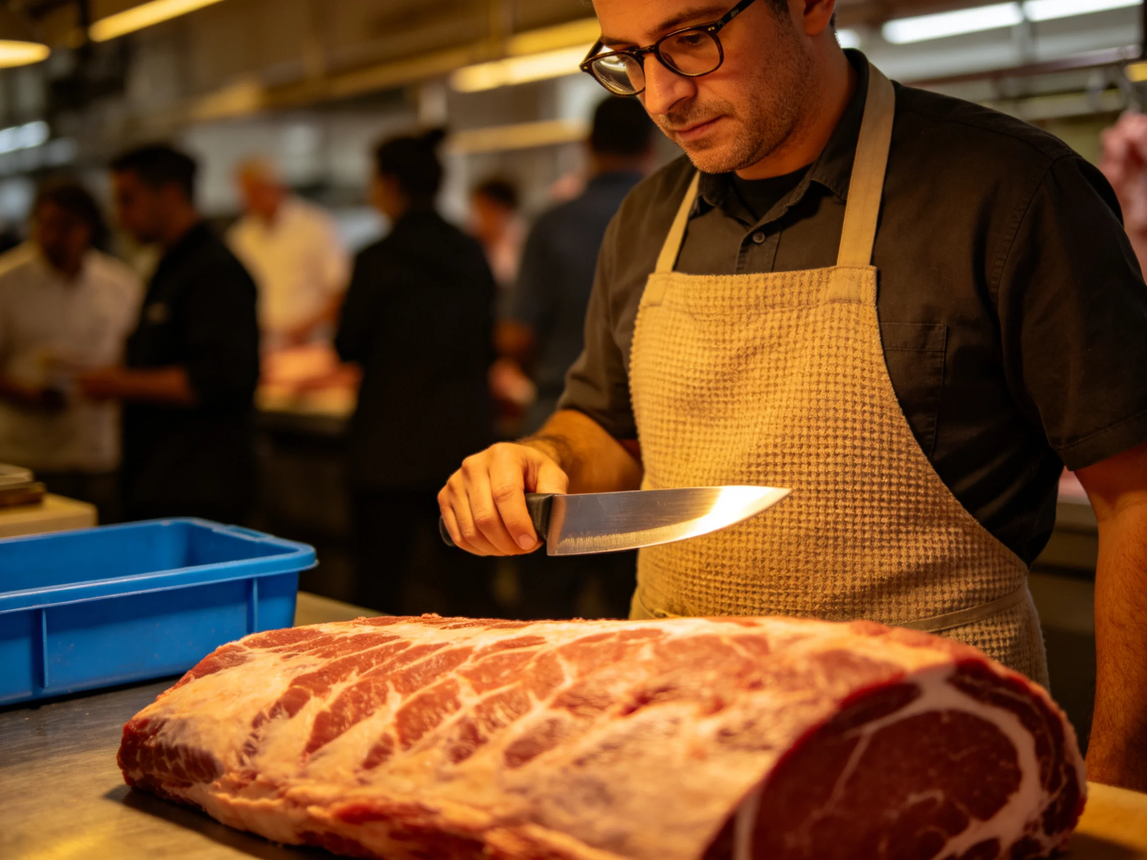 A chef slicing a large marbled red meat slab in a bustling kitchen