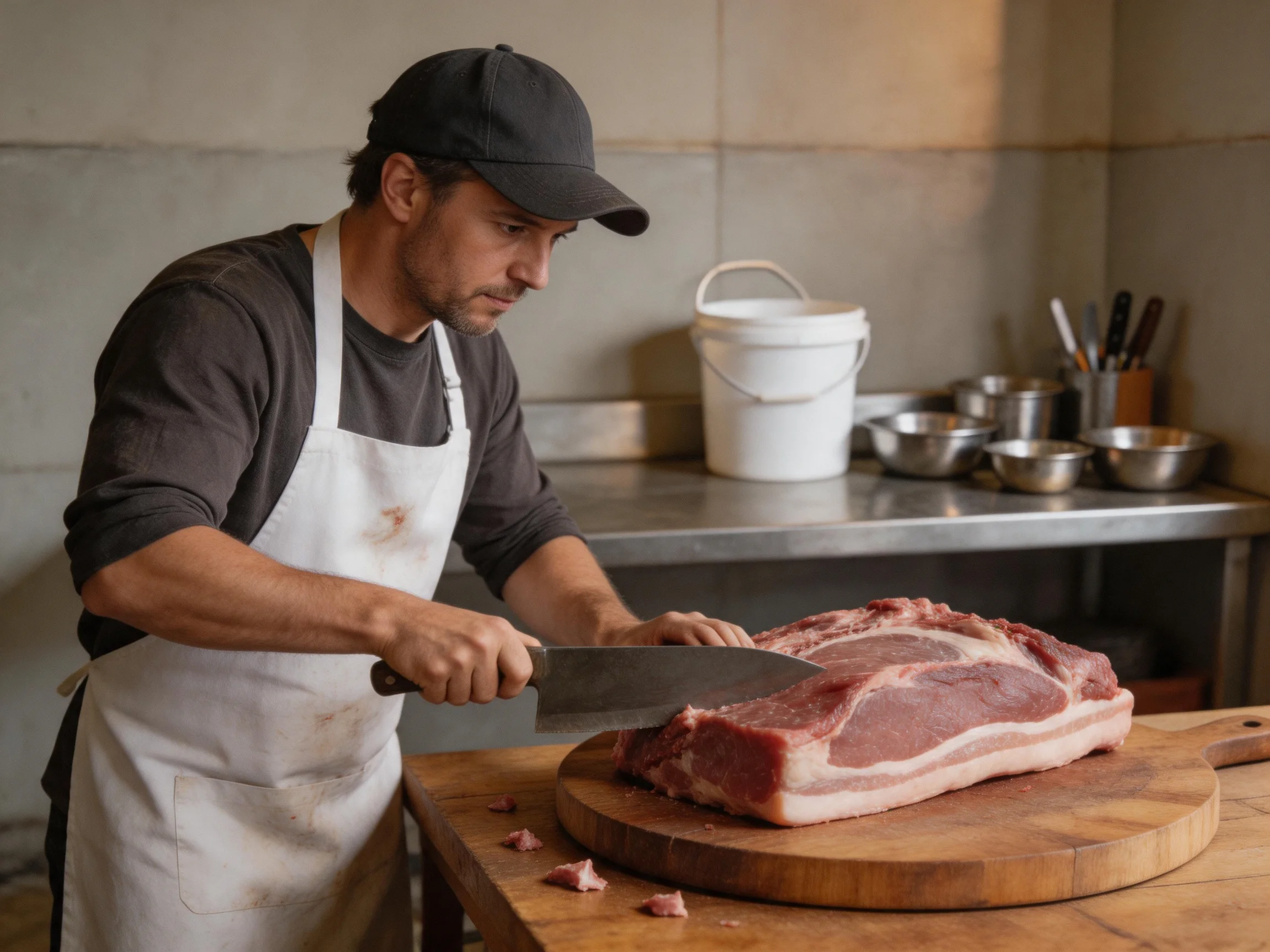 A chef slicing a large piece of raw pork in a professional kitchen
