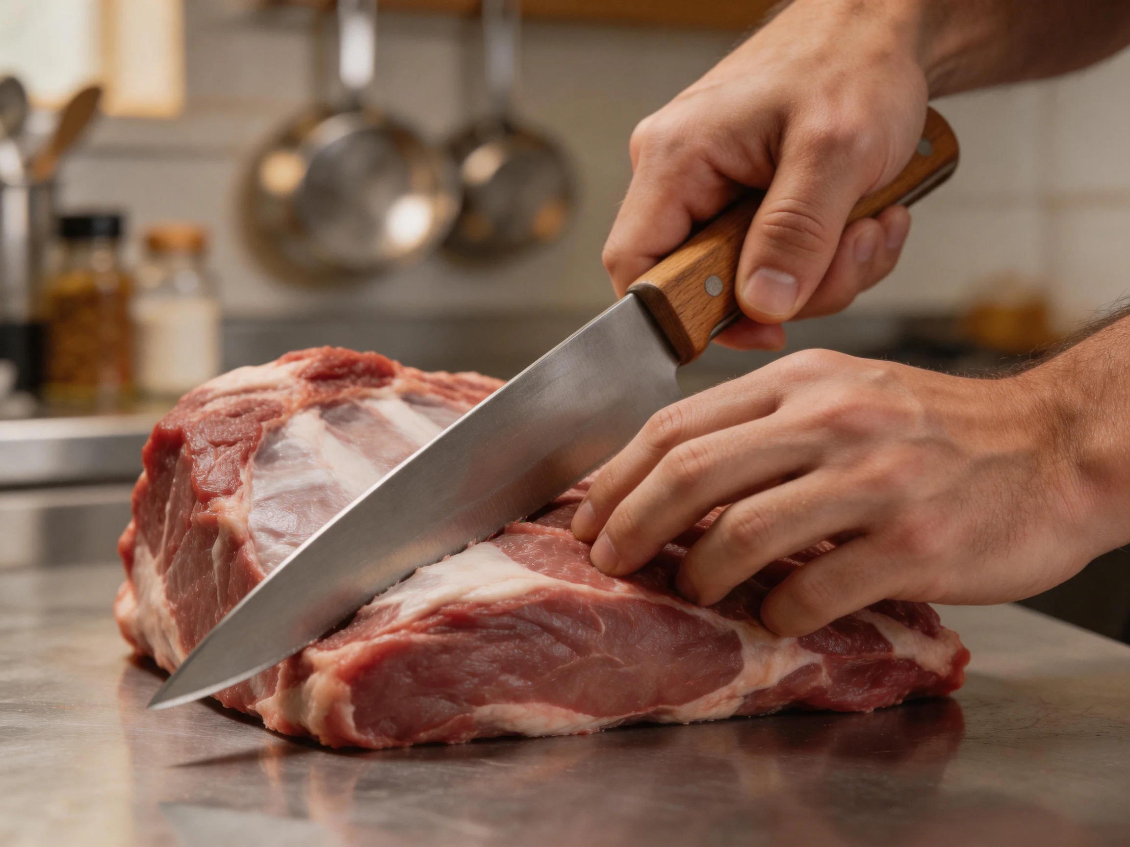 A chef slicing a large raw pork roast with a wooden-handled knife