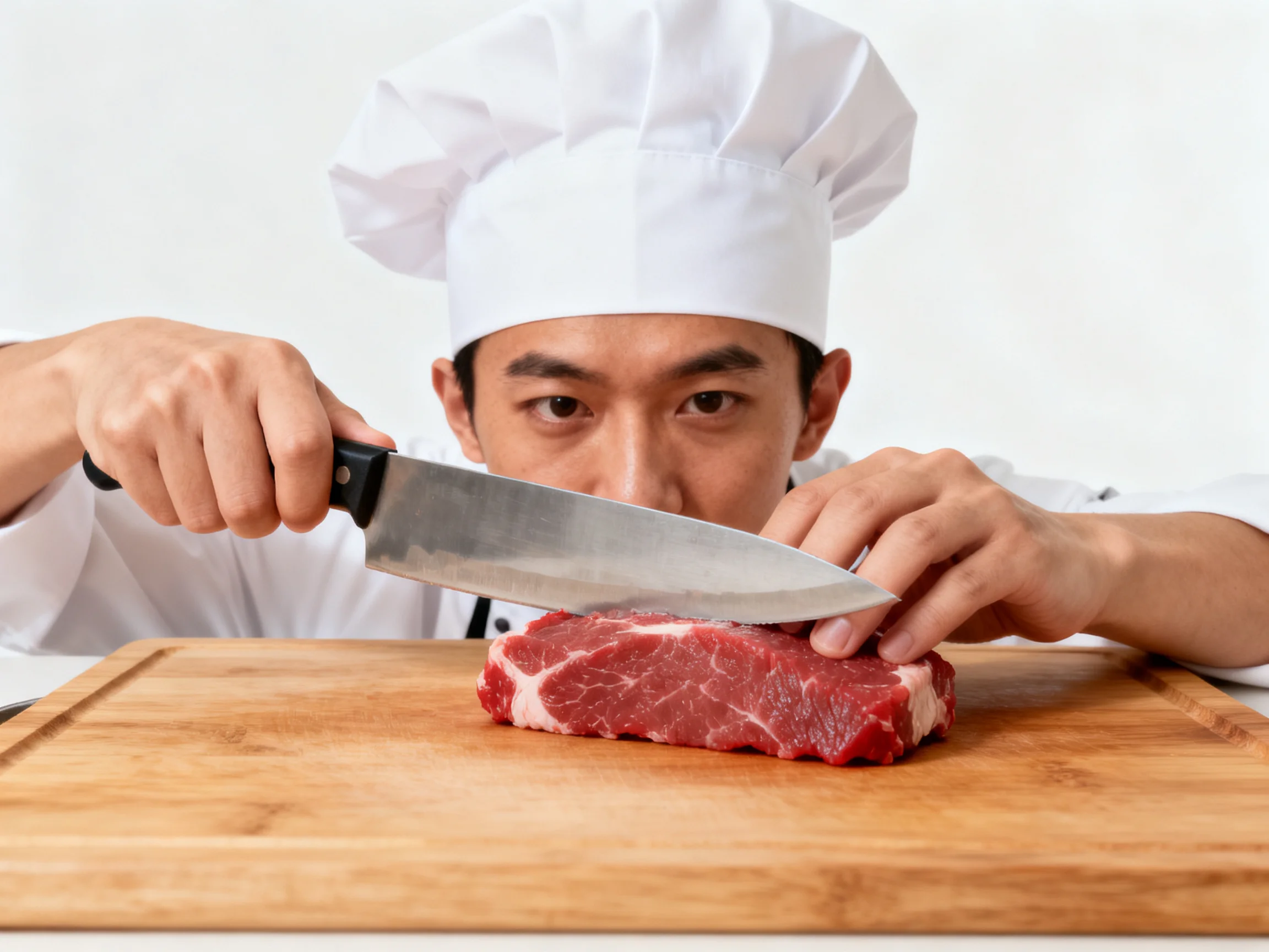 A chef slicing fresh red meat with a large knife on a wooden cutting board
