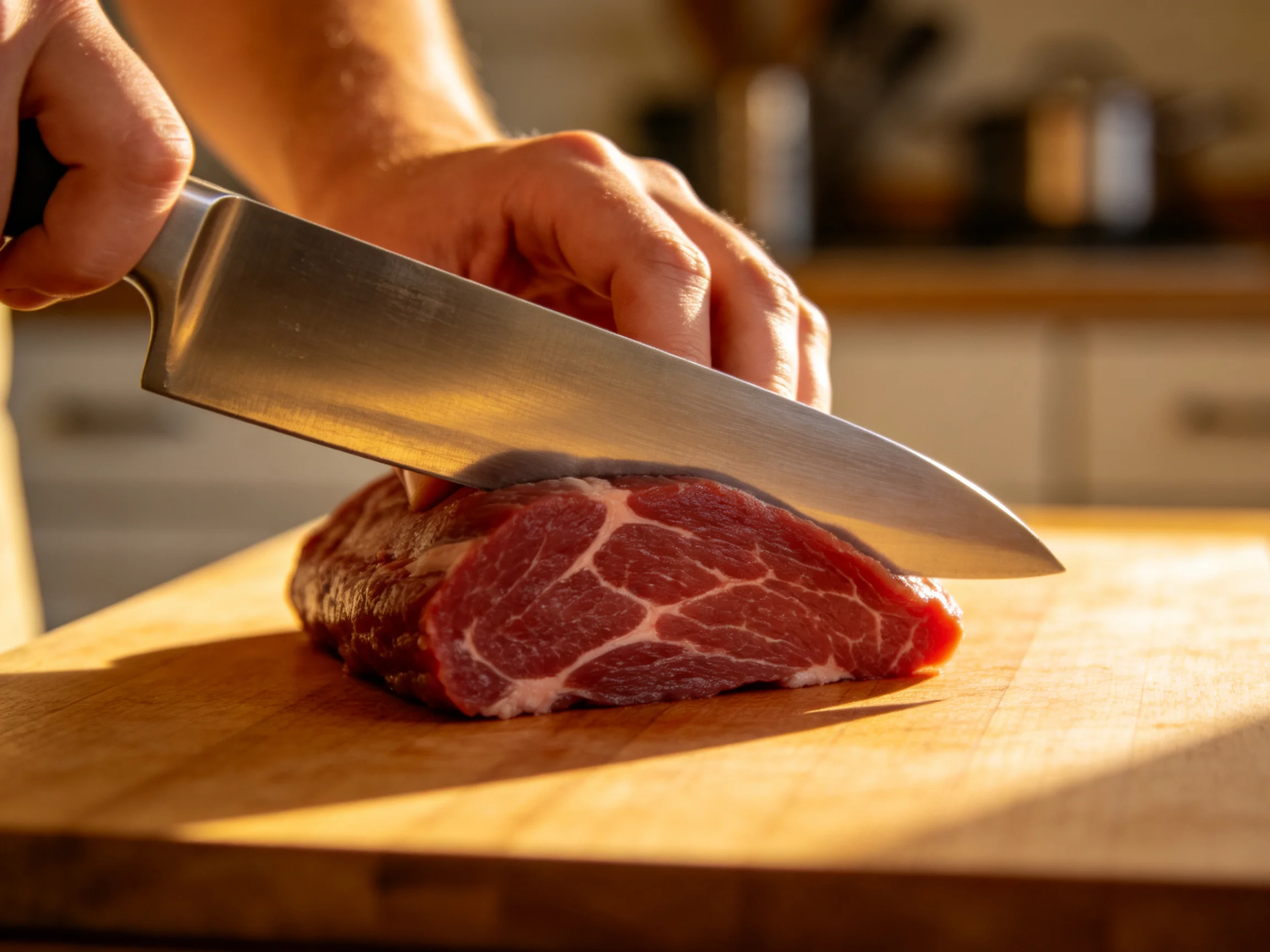 A chef slicing marbled red beef on a wooden cutting board