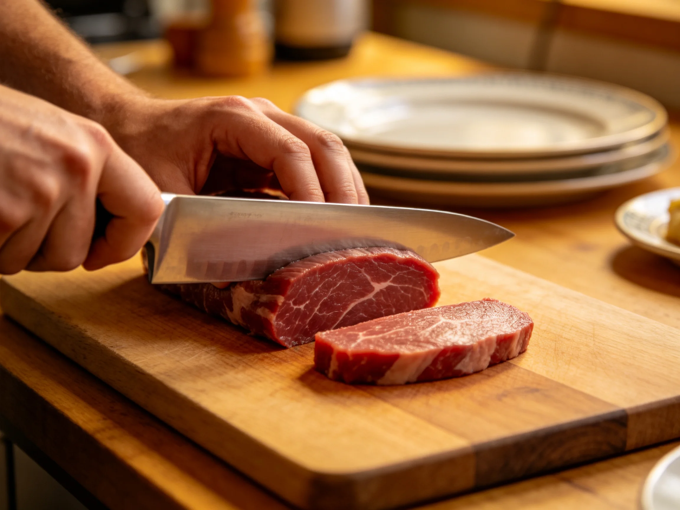 A chef slicing marbled red beef on a wooden cutting board