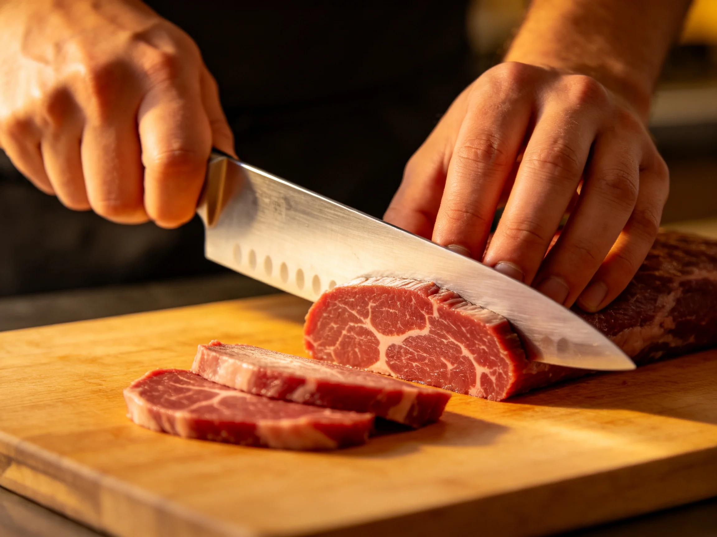 A chef slicing marbled red meat on a wooden cutting board