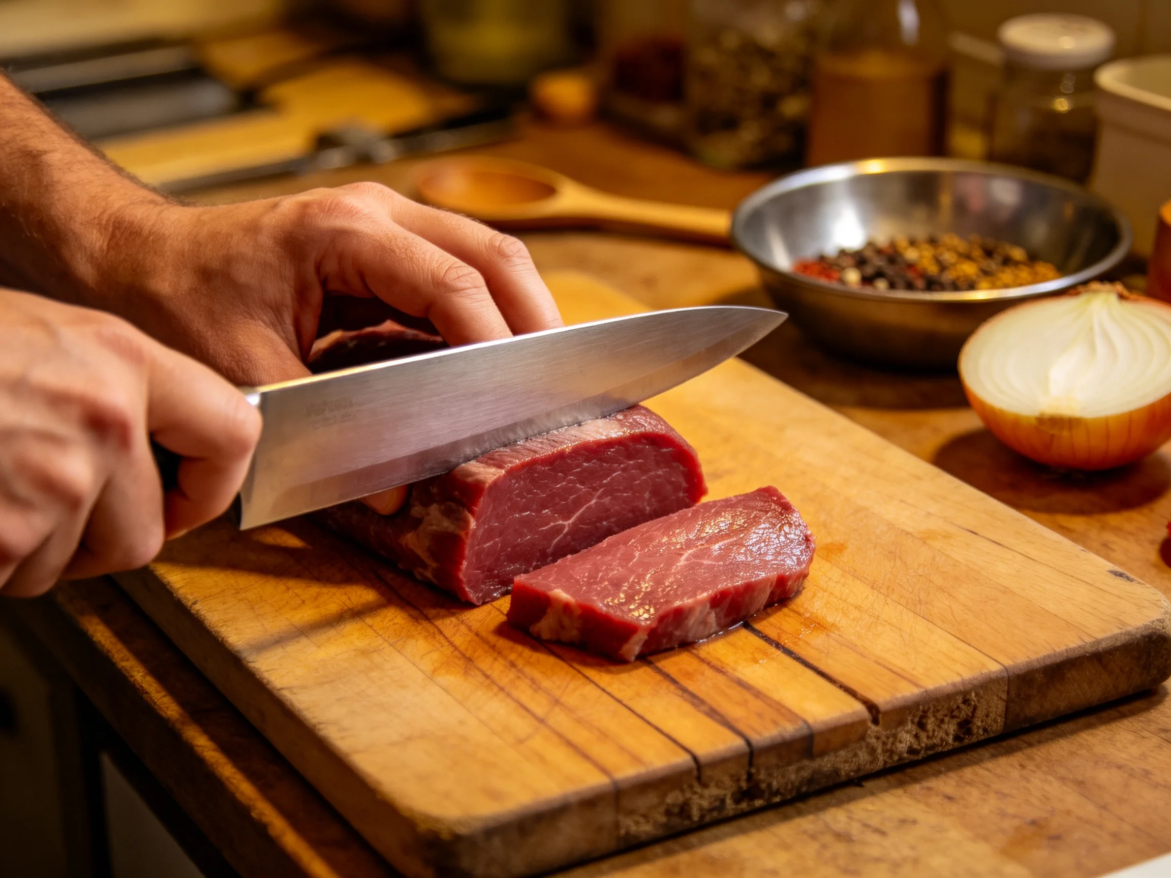 A chef slicing maroon beef on a wooden cutting board near an onion