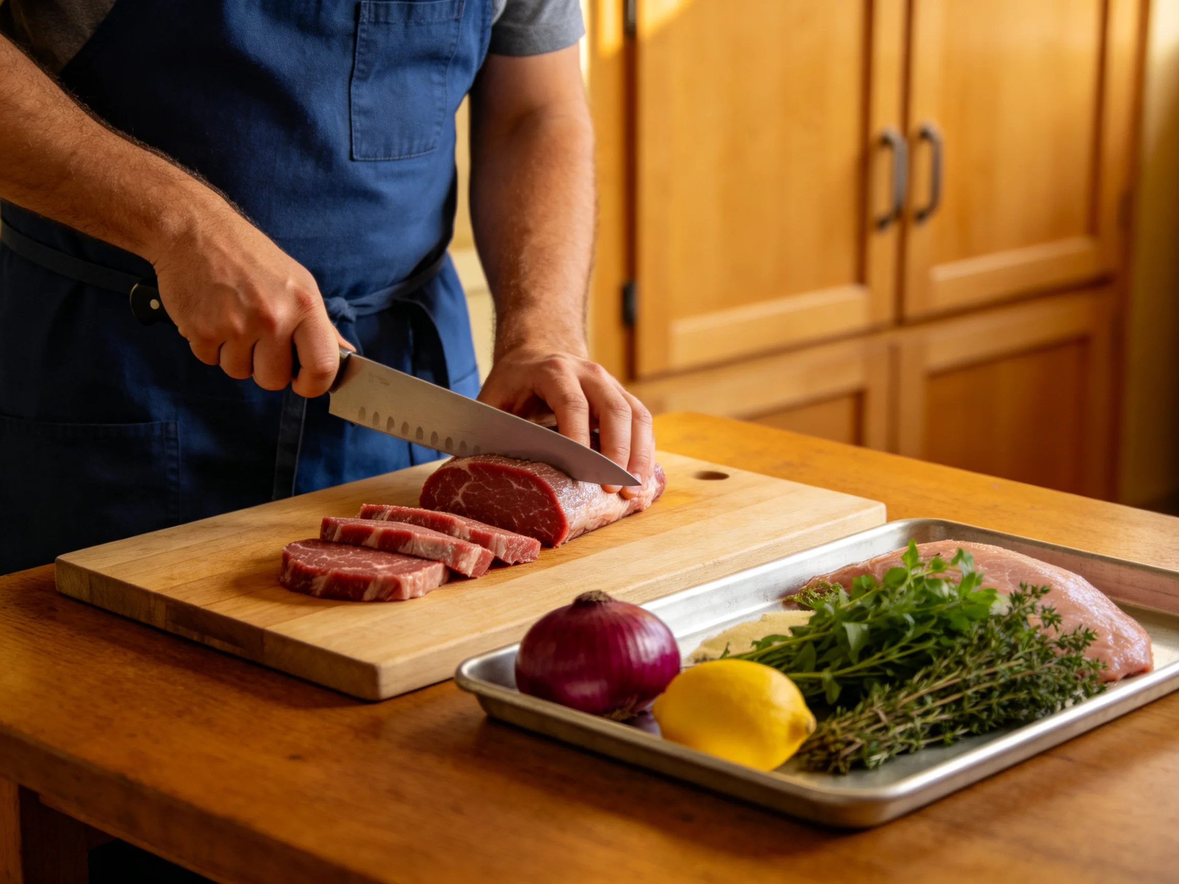 A chef slicing maroon meat near golden cabinets and fresh produce
