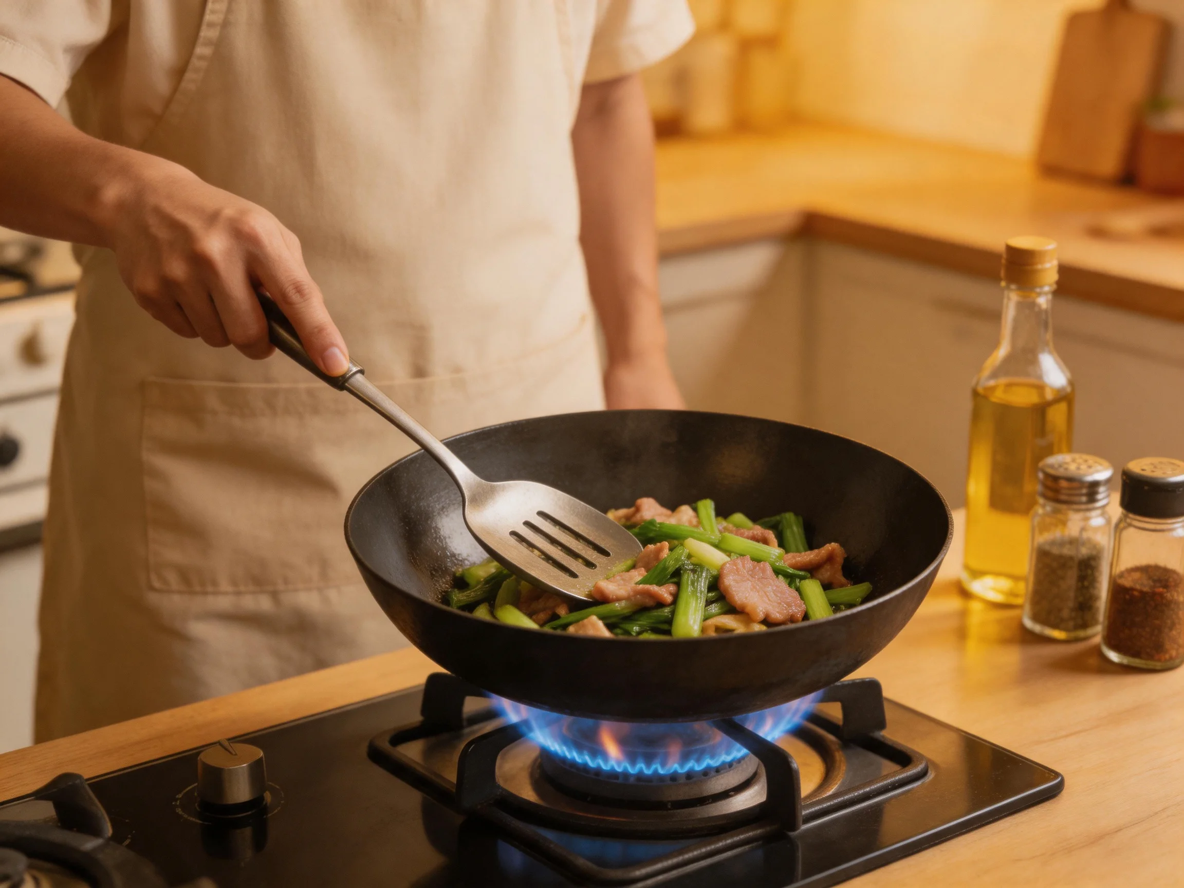 A chef stir-frying meat and green vegetables in a black wok over a gas stove