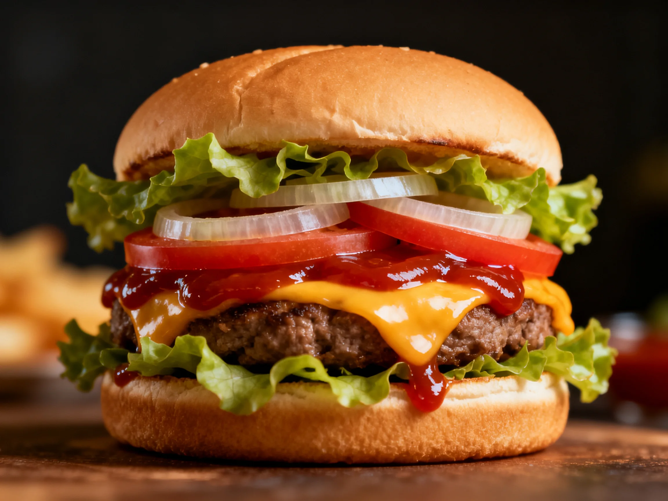 A classic cheeseburger with fresh veggies, melted cheddar, and ketchup