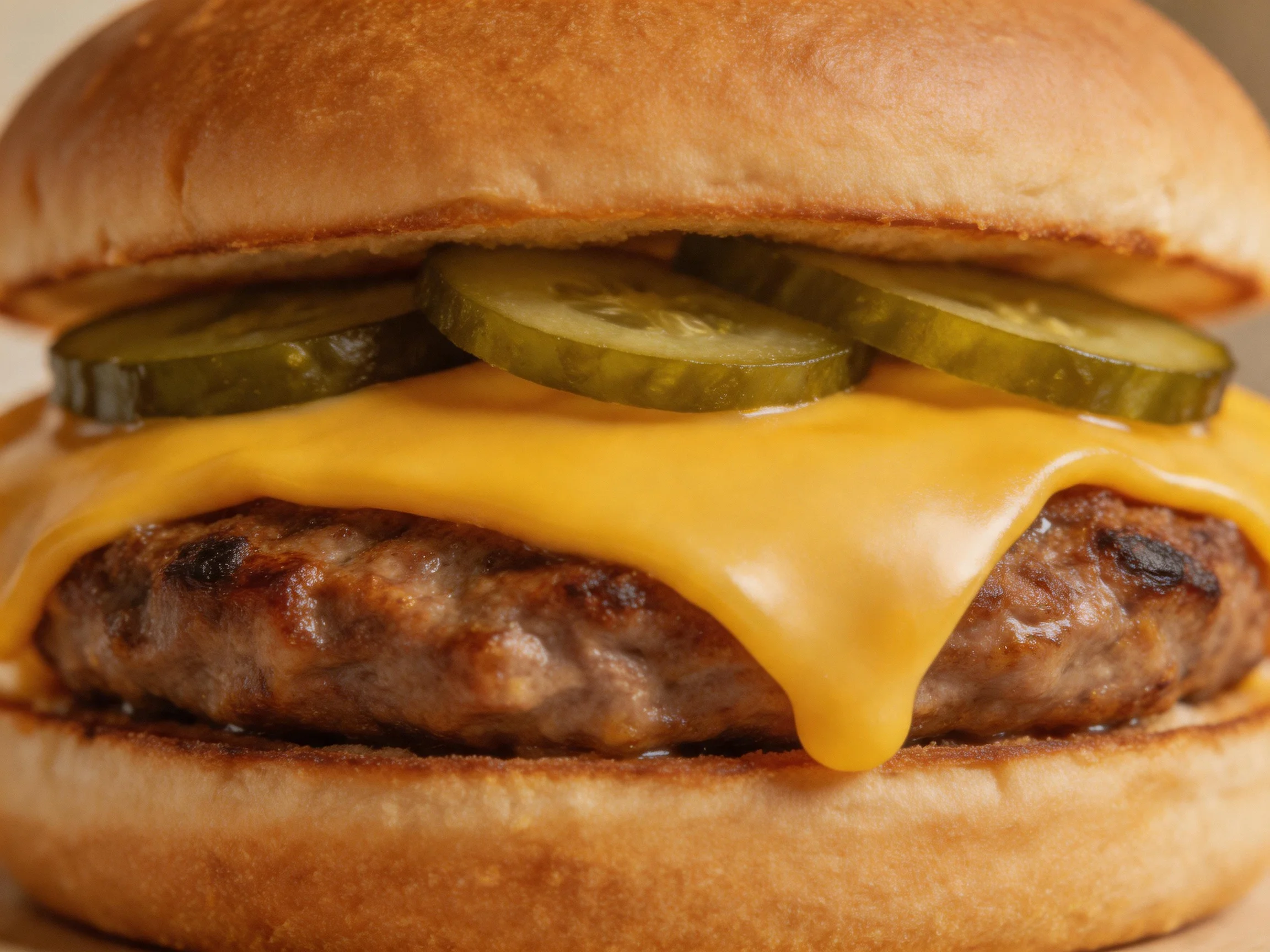 A classic cheeseburger with melted cheddar, pickle slices, and a grilled beef patty