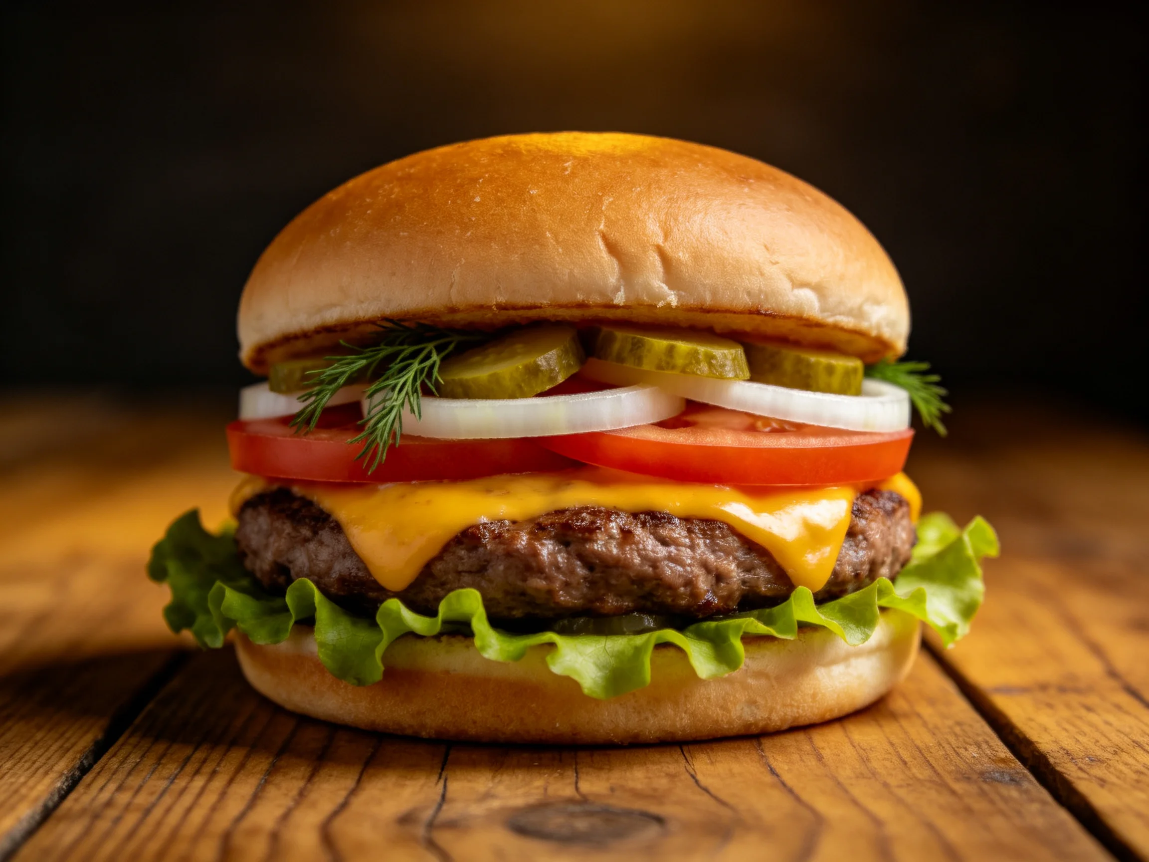 A classic cheeseburger with pickles, onions, tomatoes, and melted cheddar
