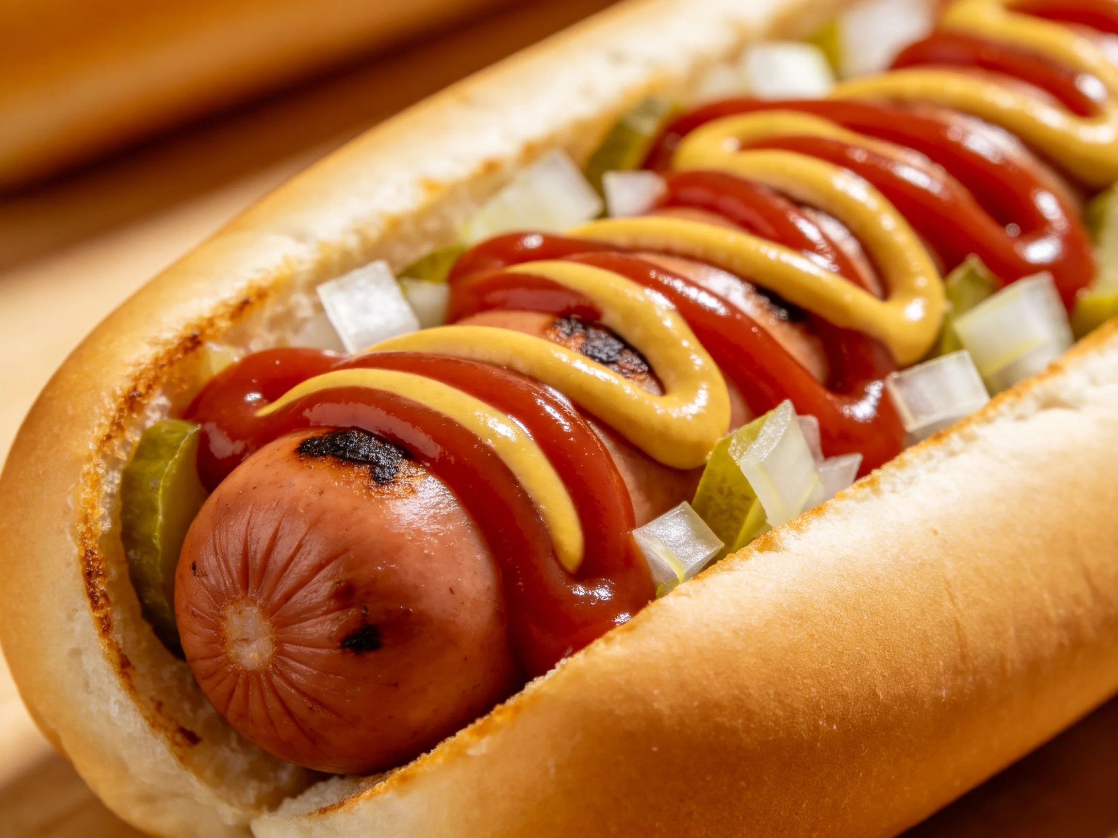 A classic hot dog topped with ketchup, mustard, onions, and pickles