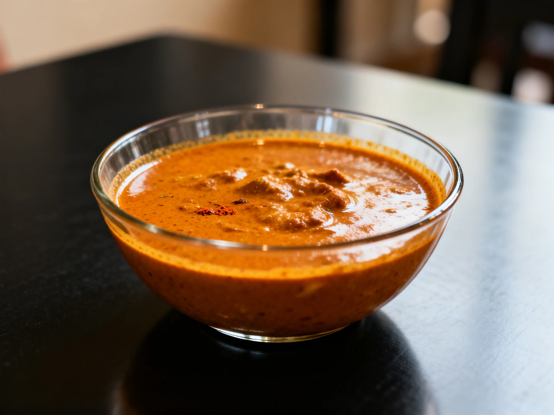 A clear glass bowl holds a thick, rich orange curry sauce