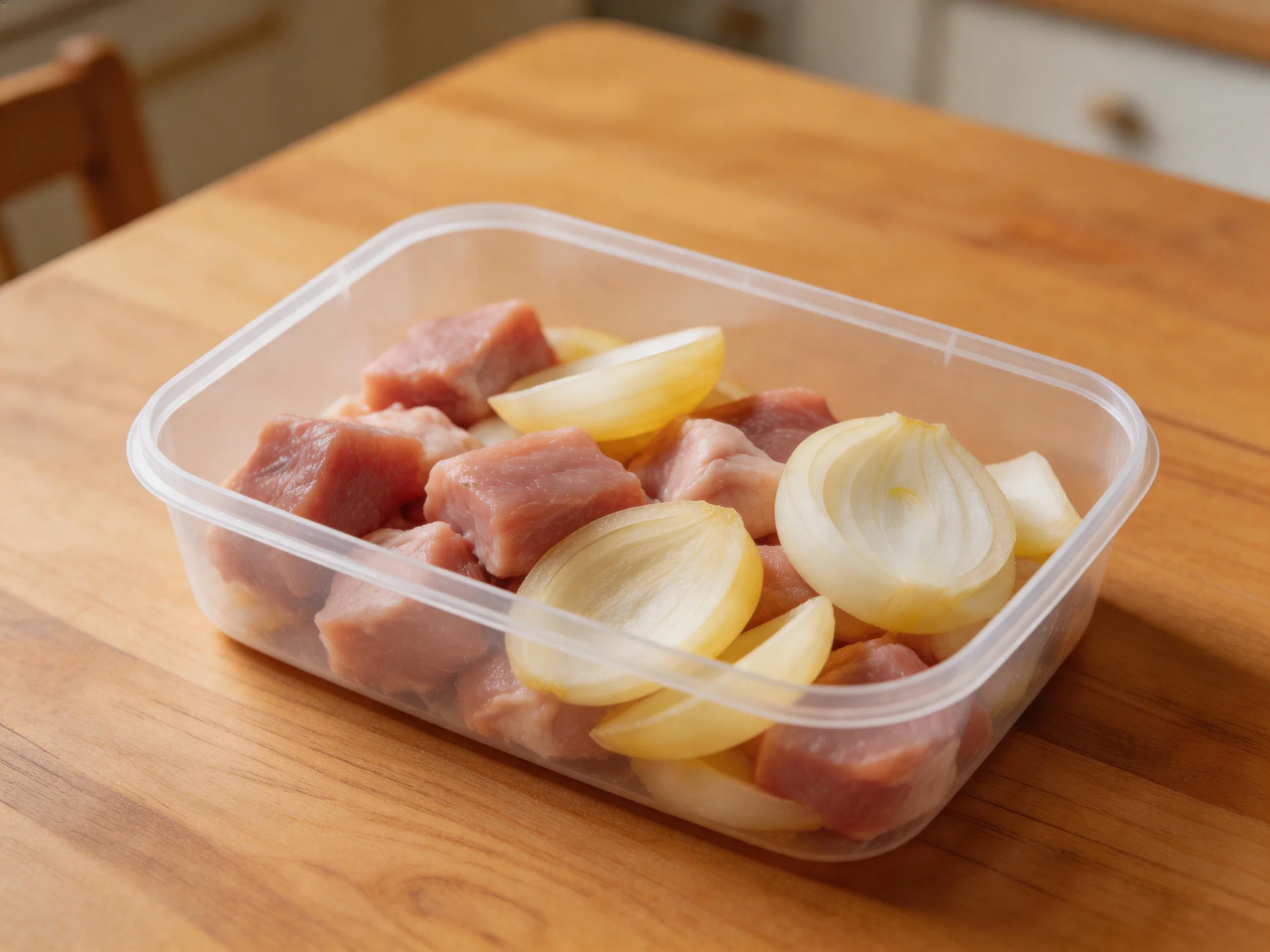 A clear plastic container with cubed meat and sliced onions on a wooden table