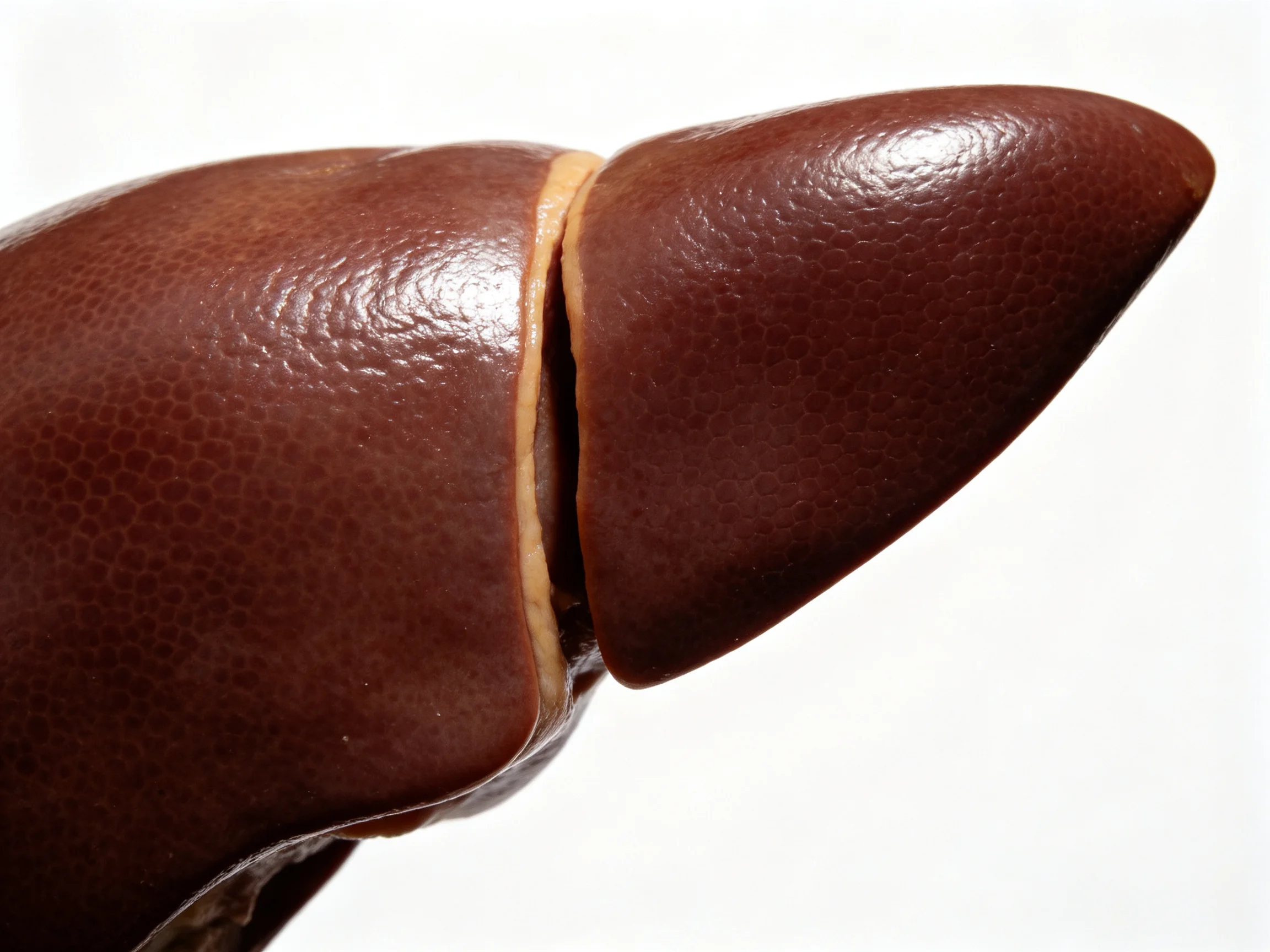 A close - up of a dark brown, glossy organ with a central division