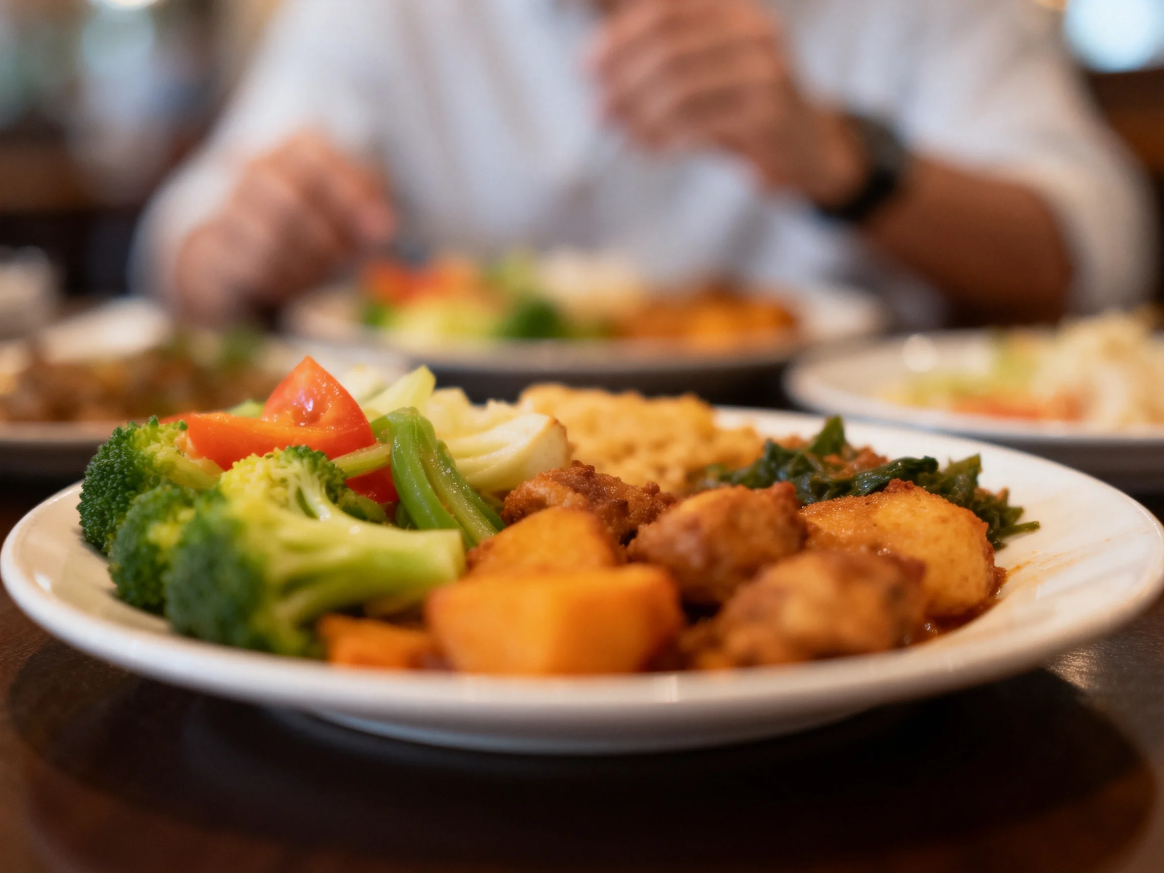 A close - up of a plate with colorful mixed dishes and a diner behind