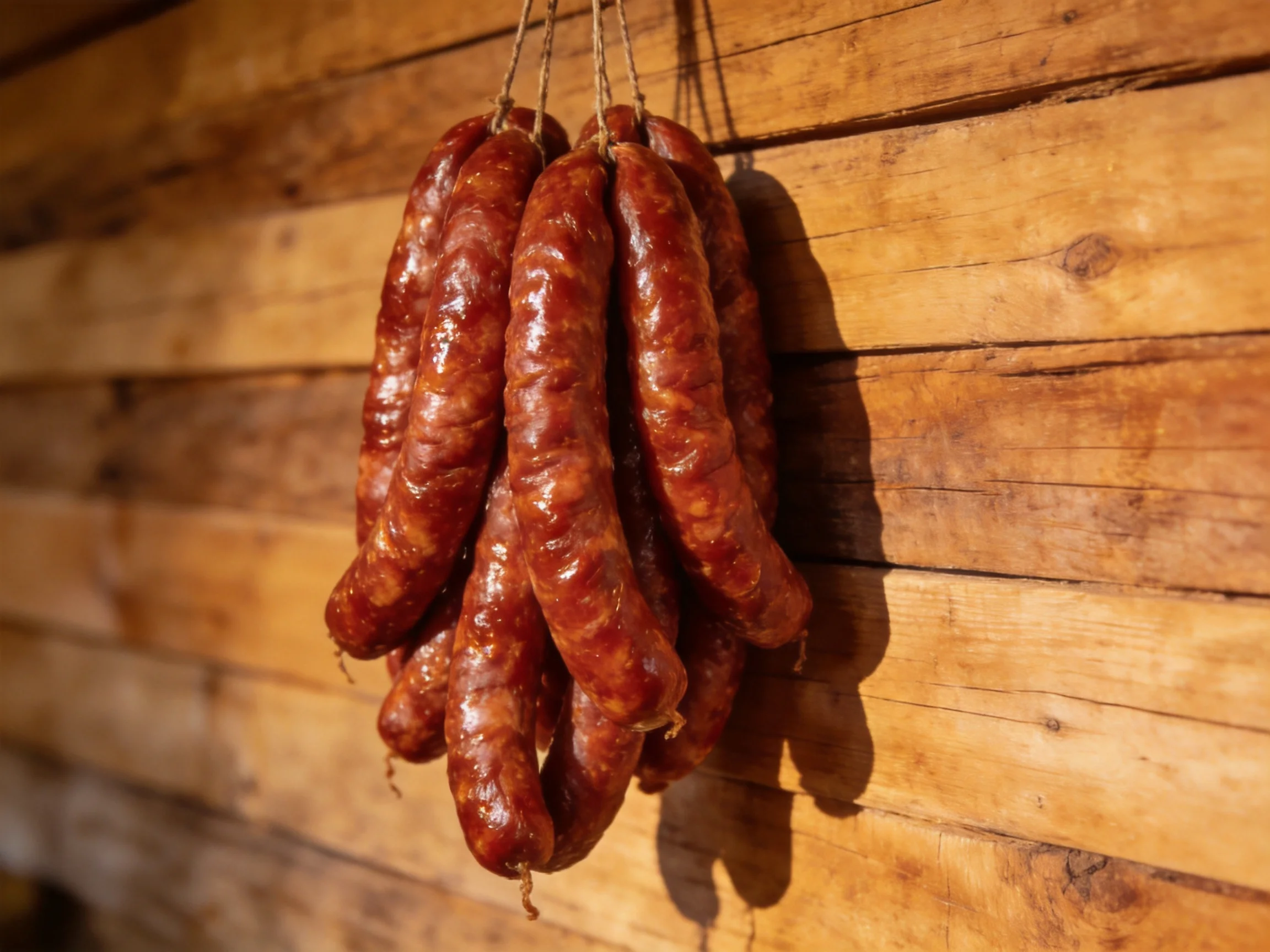 A cluster of glossy brown sausages hangs from twine against a wooden wall