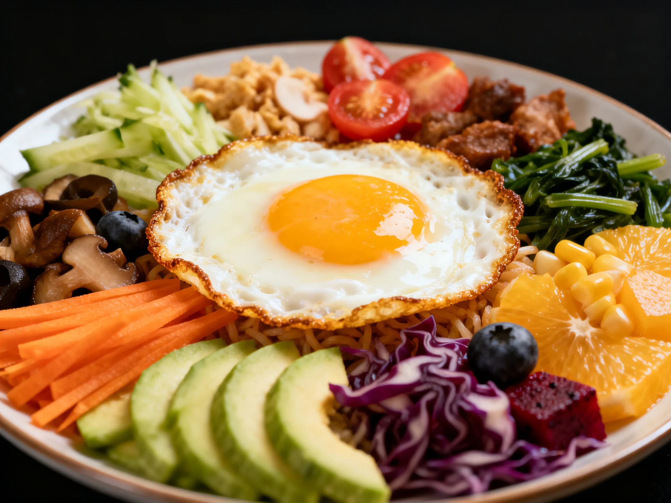 A colorful bento bowl with a fried egg and assorted fresh foods