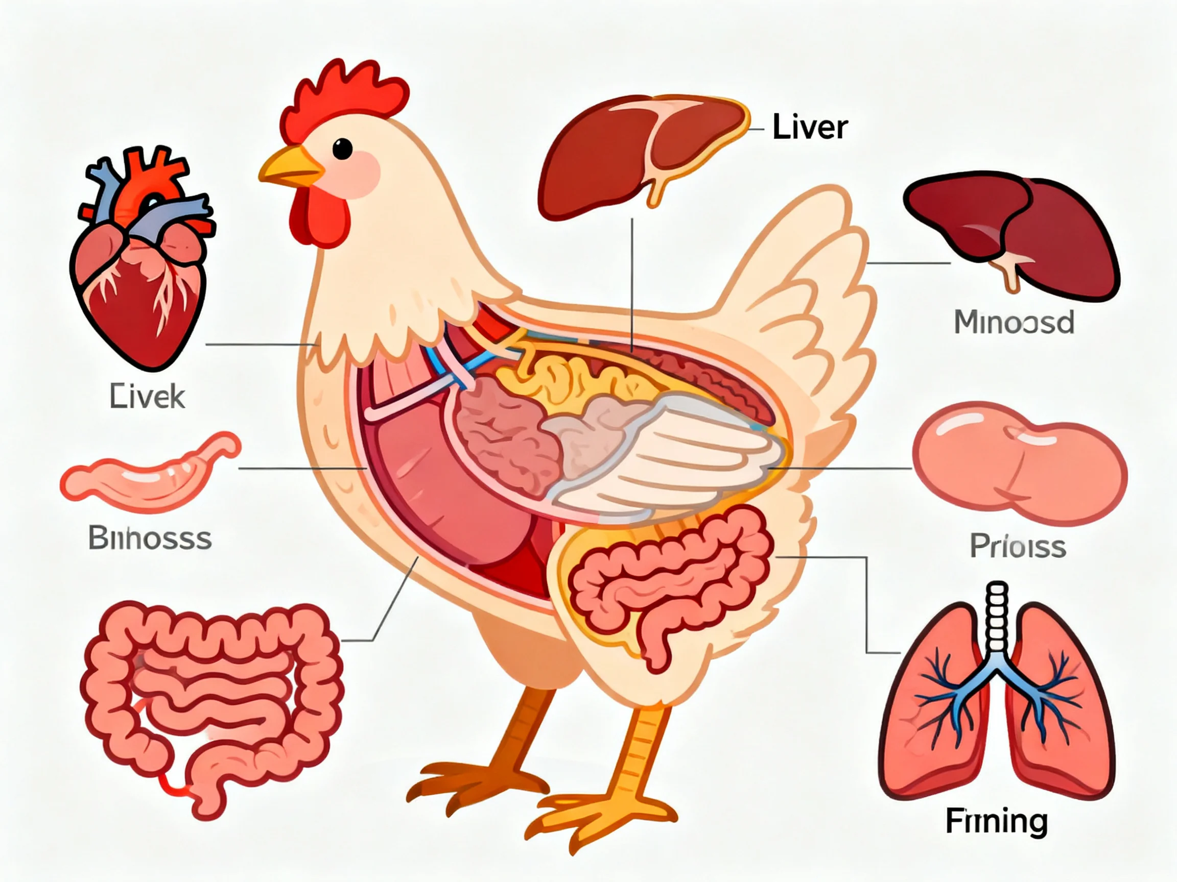 A colorful cartoon diagram of a chickens internal organs with labels
