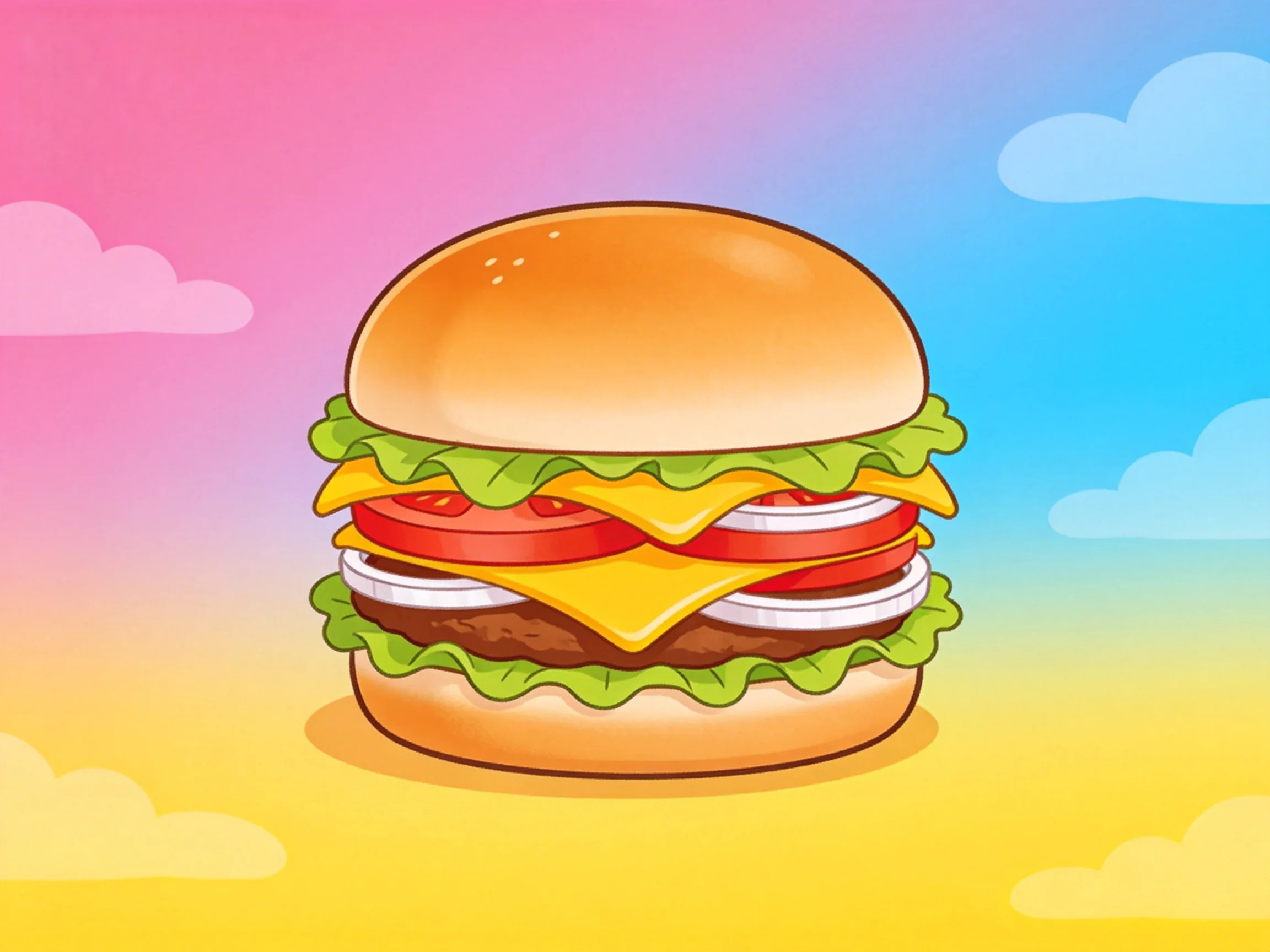 A colorful cartoon double-decker hamburger with layered ingredients