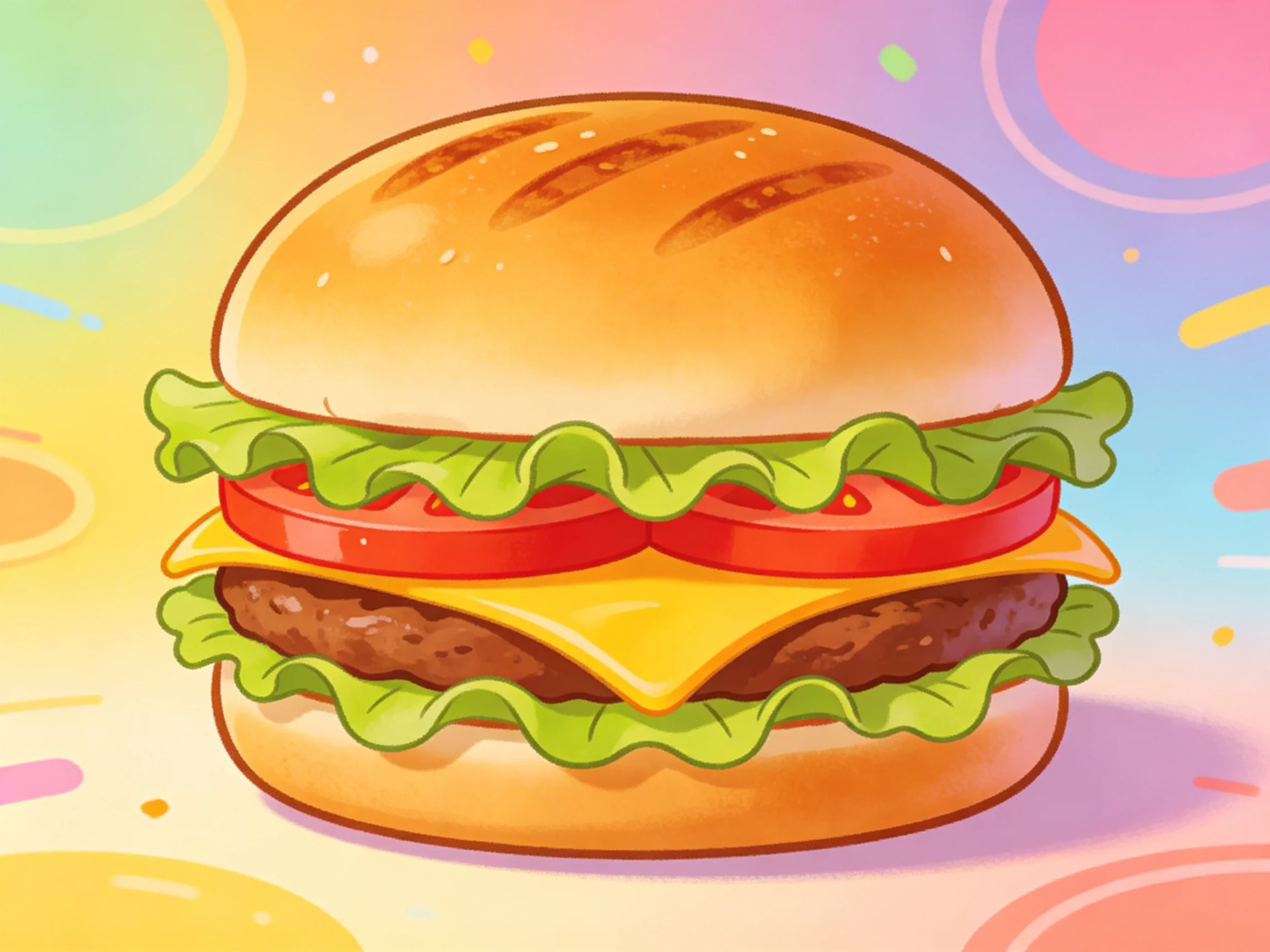 A colorful cartoon hamburger with layers of lettuce, tomato, and cheese