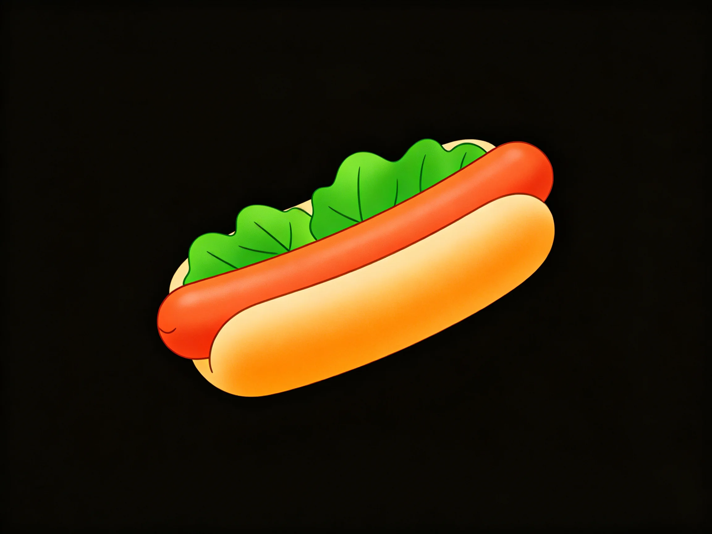 A colorful cartoon hot dog with green lettuce and an orange bun