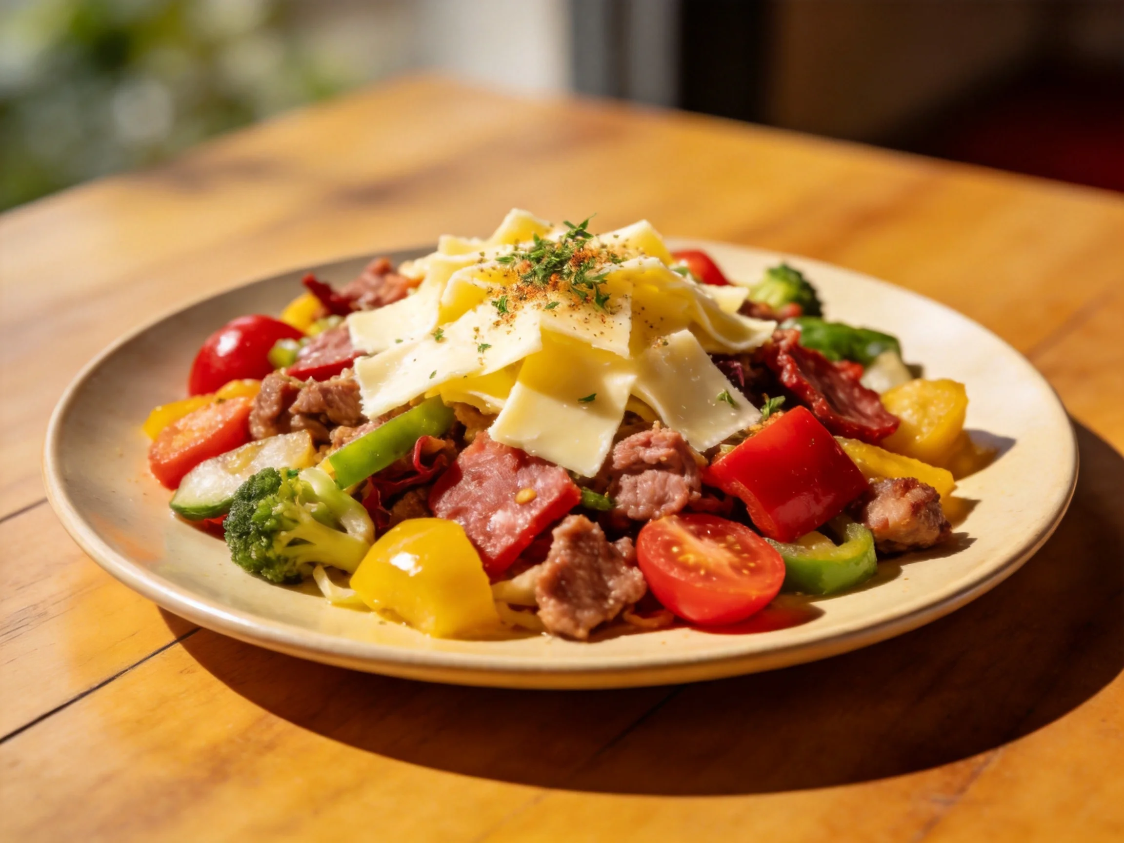 A colorful pasta dish with mixed vegetables and meats
