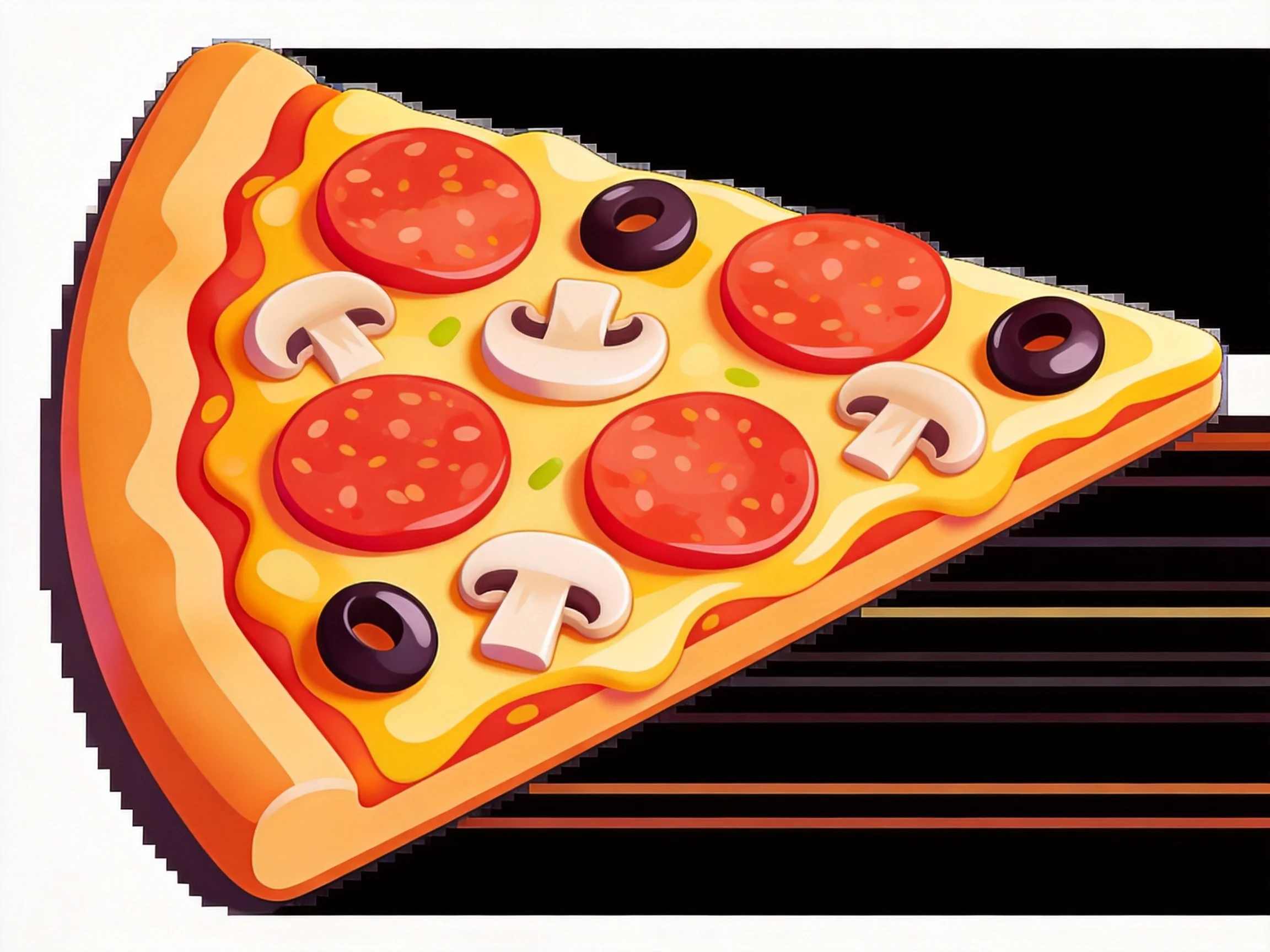 A colorful pizza slice with pepperoni, mushrooms, and black olives