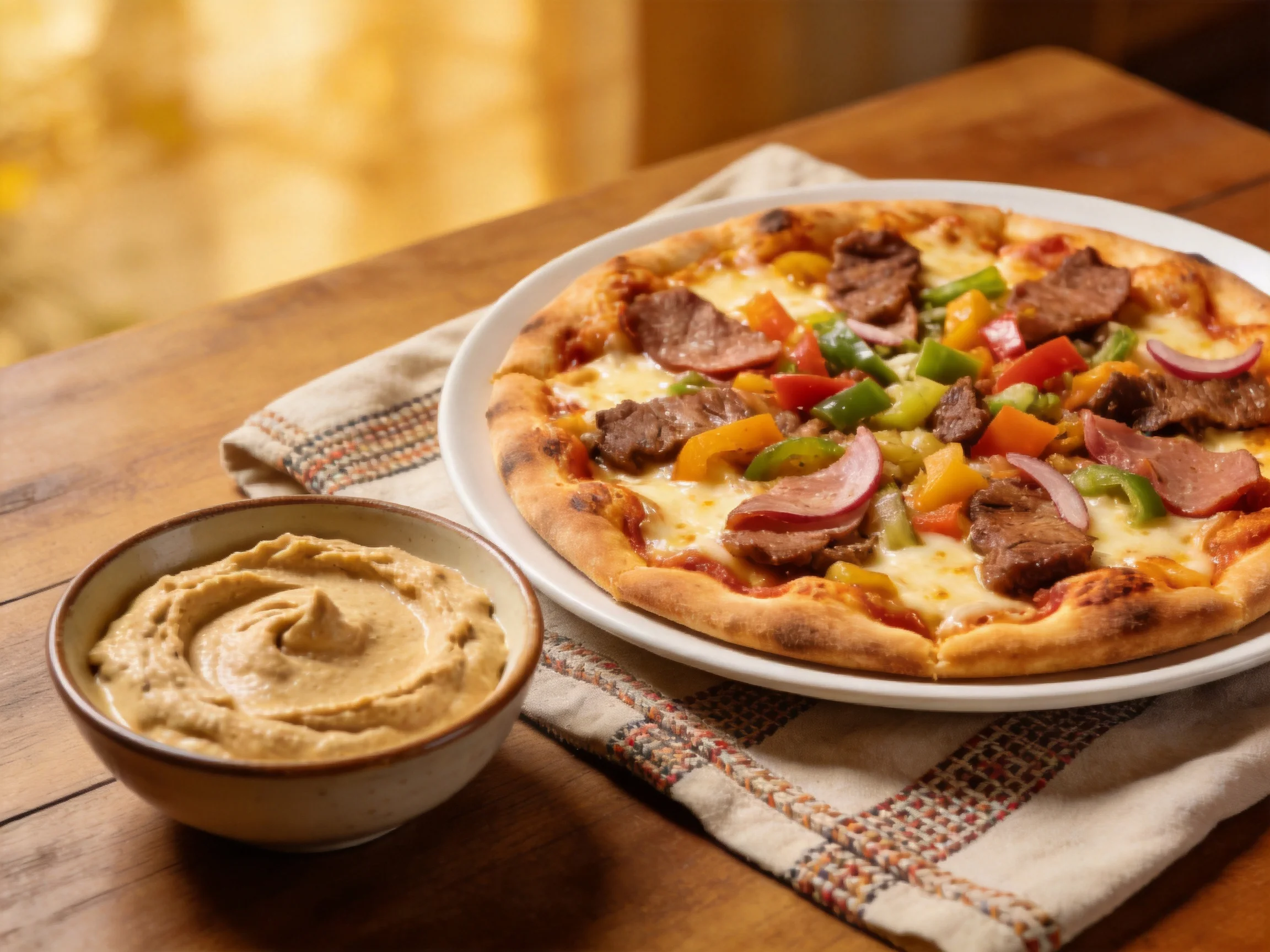 A colorful pizza with meat toppings served beside creamy hummus