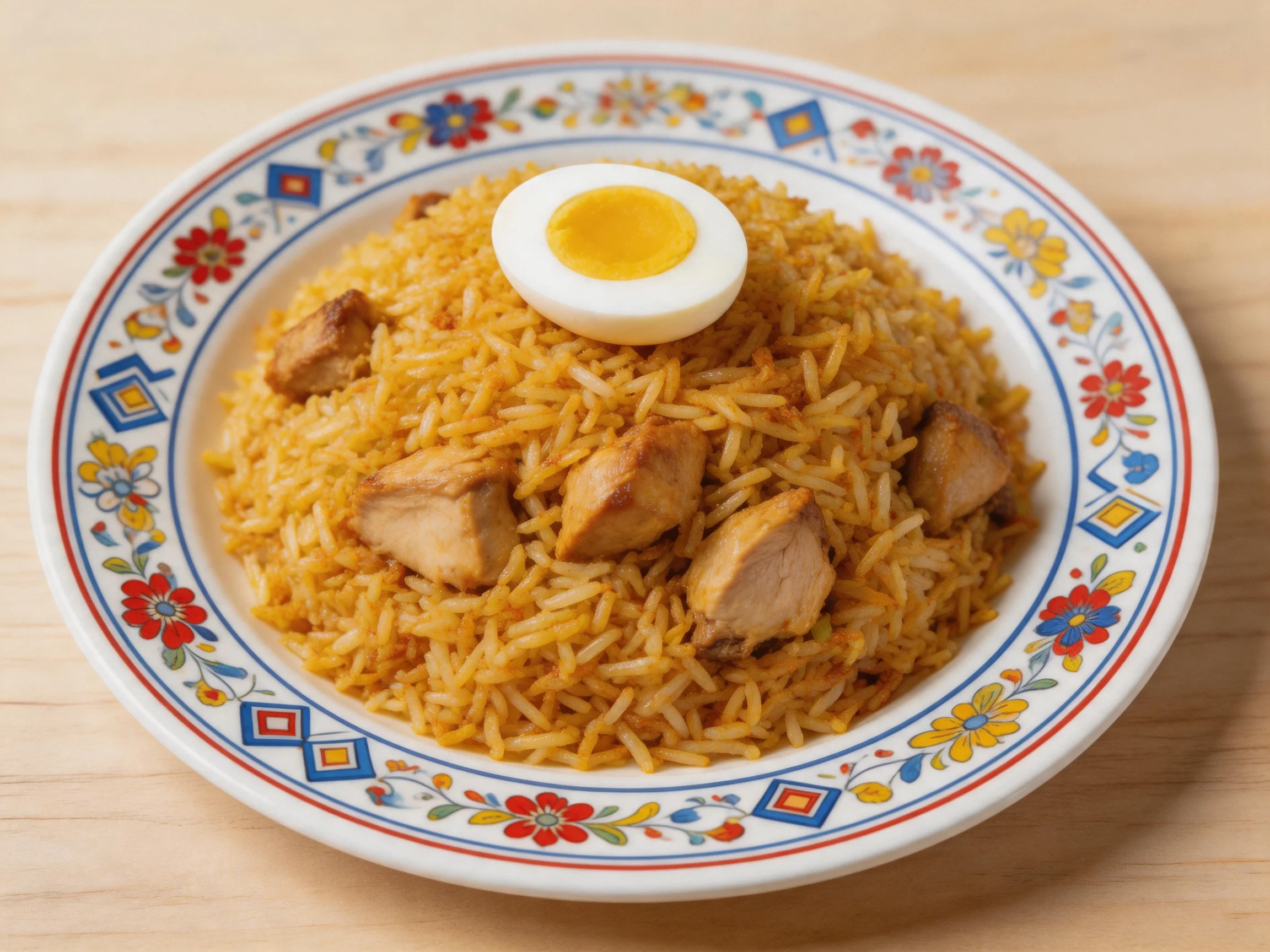 A colorful plate of seasoned rice with chicken and hard-boiled egg
