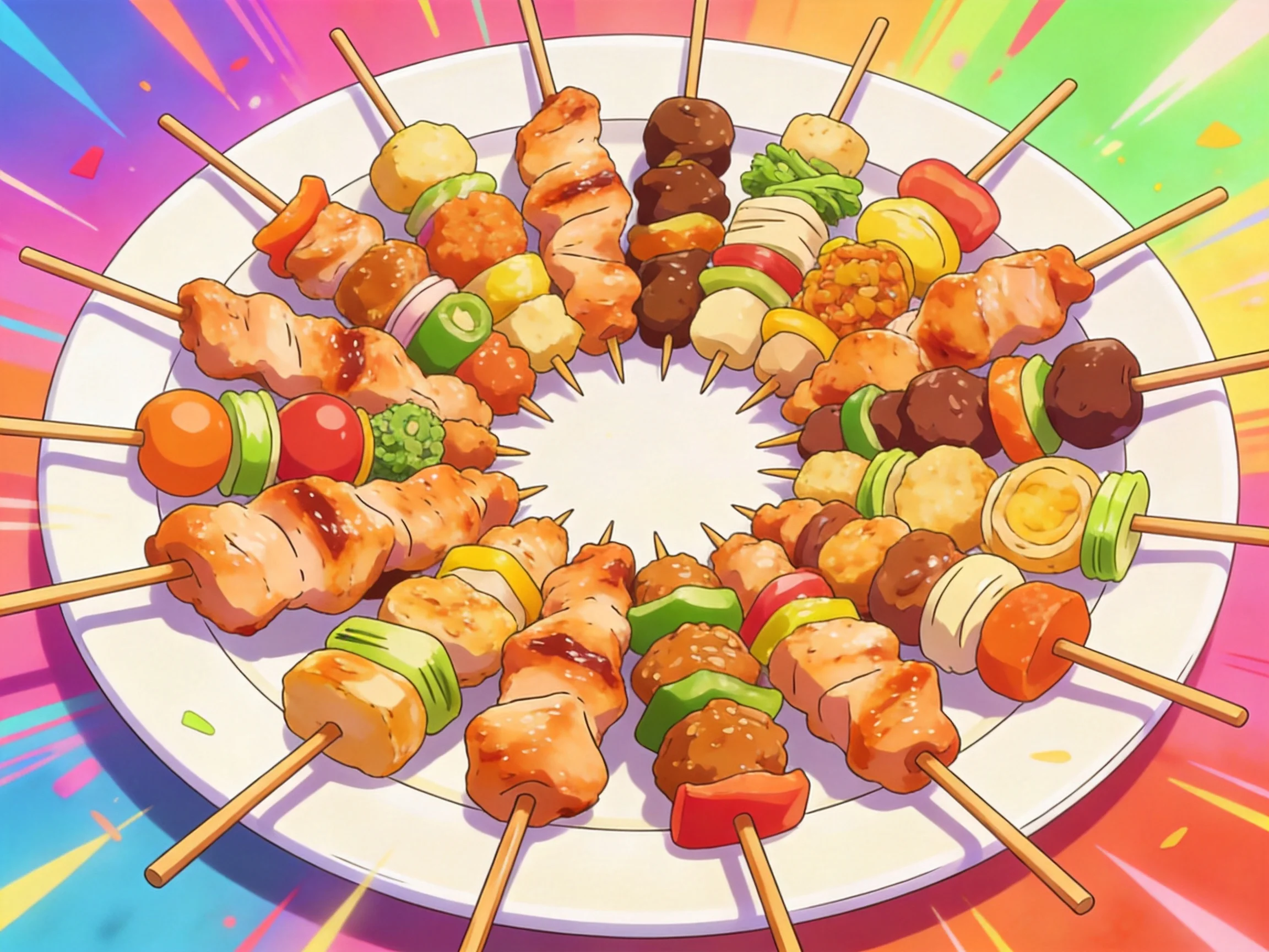 A colorful platter of assorted grilled skewers with varied ingredients