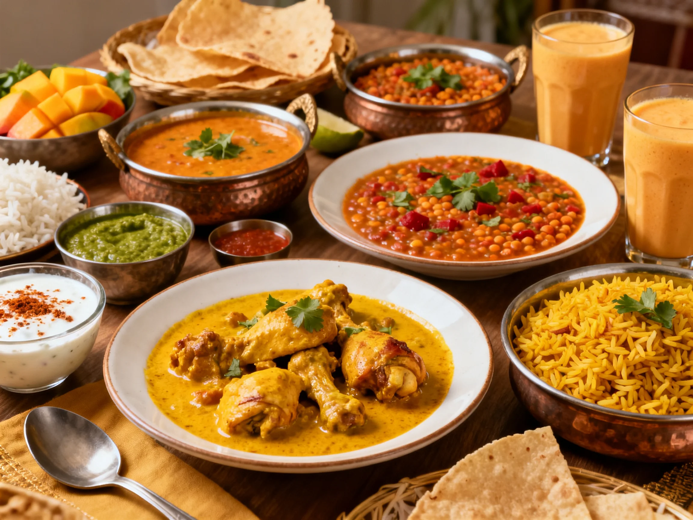 A colorful spread of Indian dishes featuring curries, rice, and naan