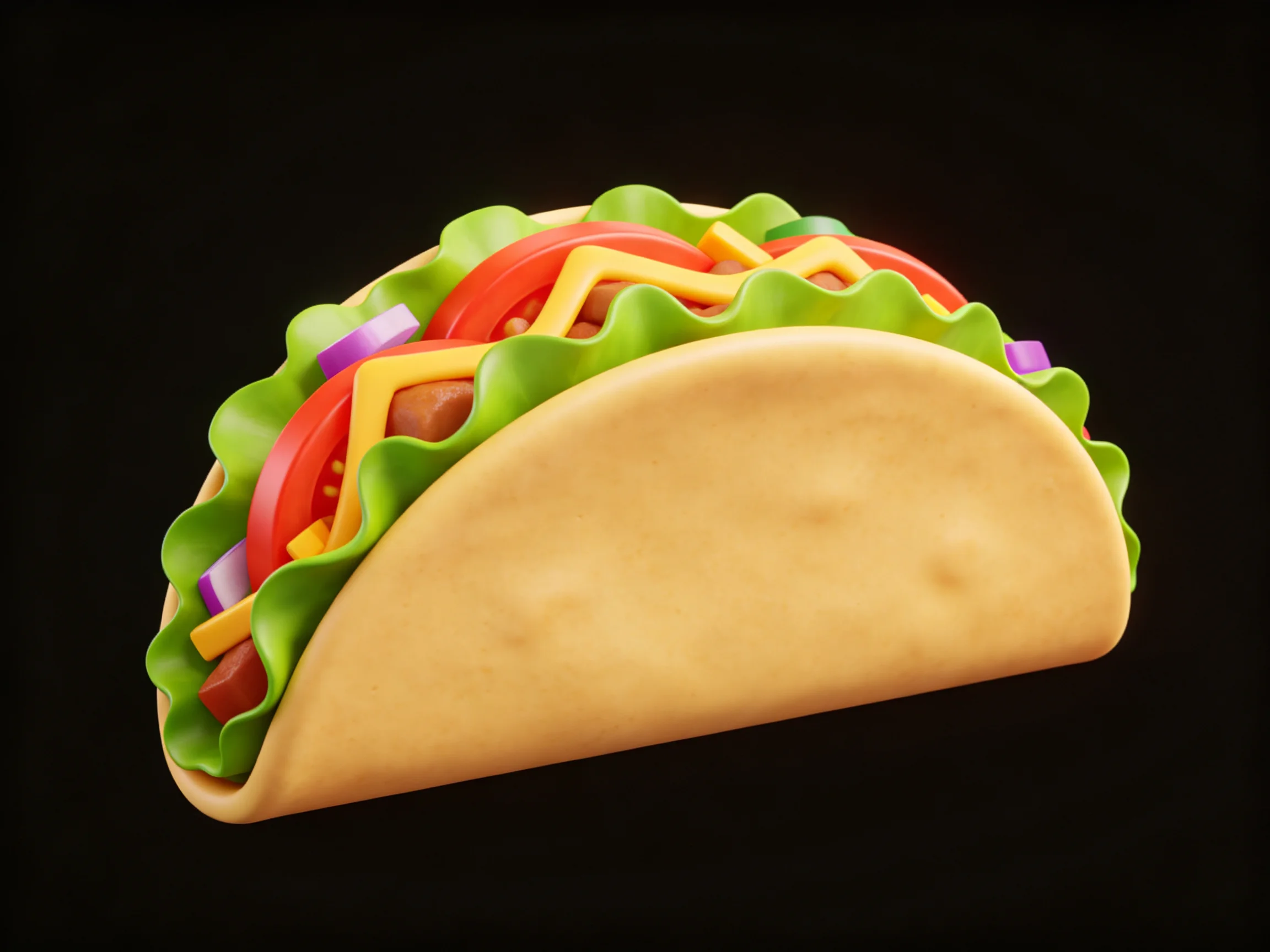 A colorful taco with lettuce, tomatoes, cheese, and tortilla
