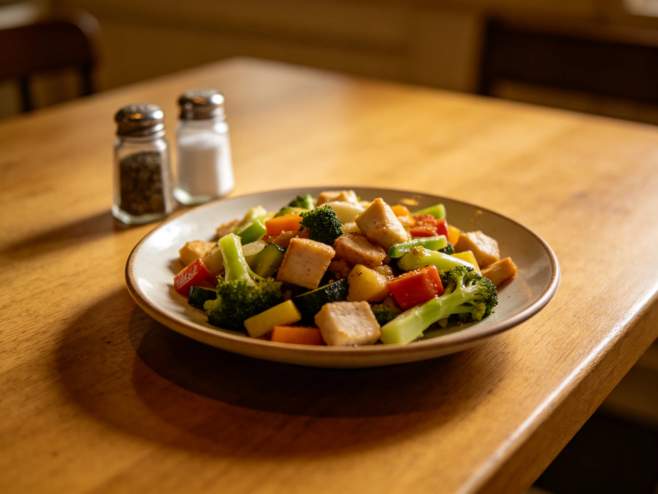 A colorful vegetable and tofu stir - fry on a wooden table