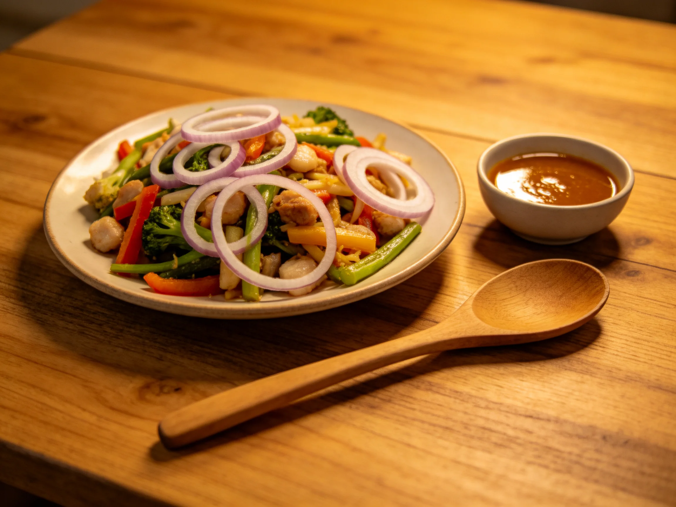 A colorful vegetable stir - fry with red onion rings and peanut sauce