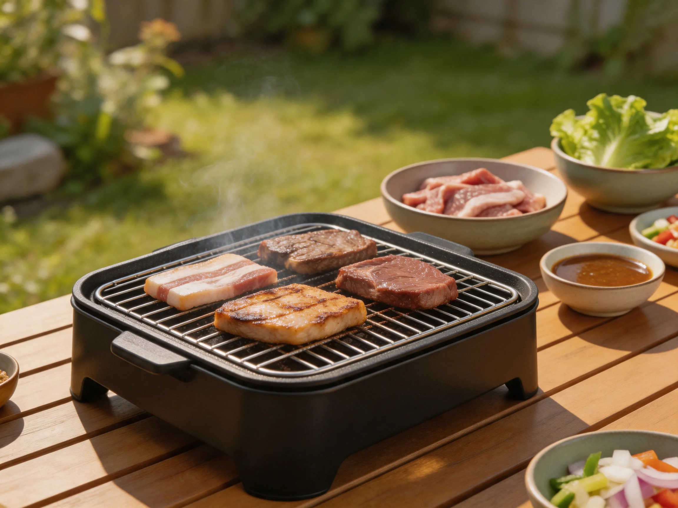 A compact black electric grill cooking assorted meats outdoors