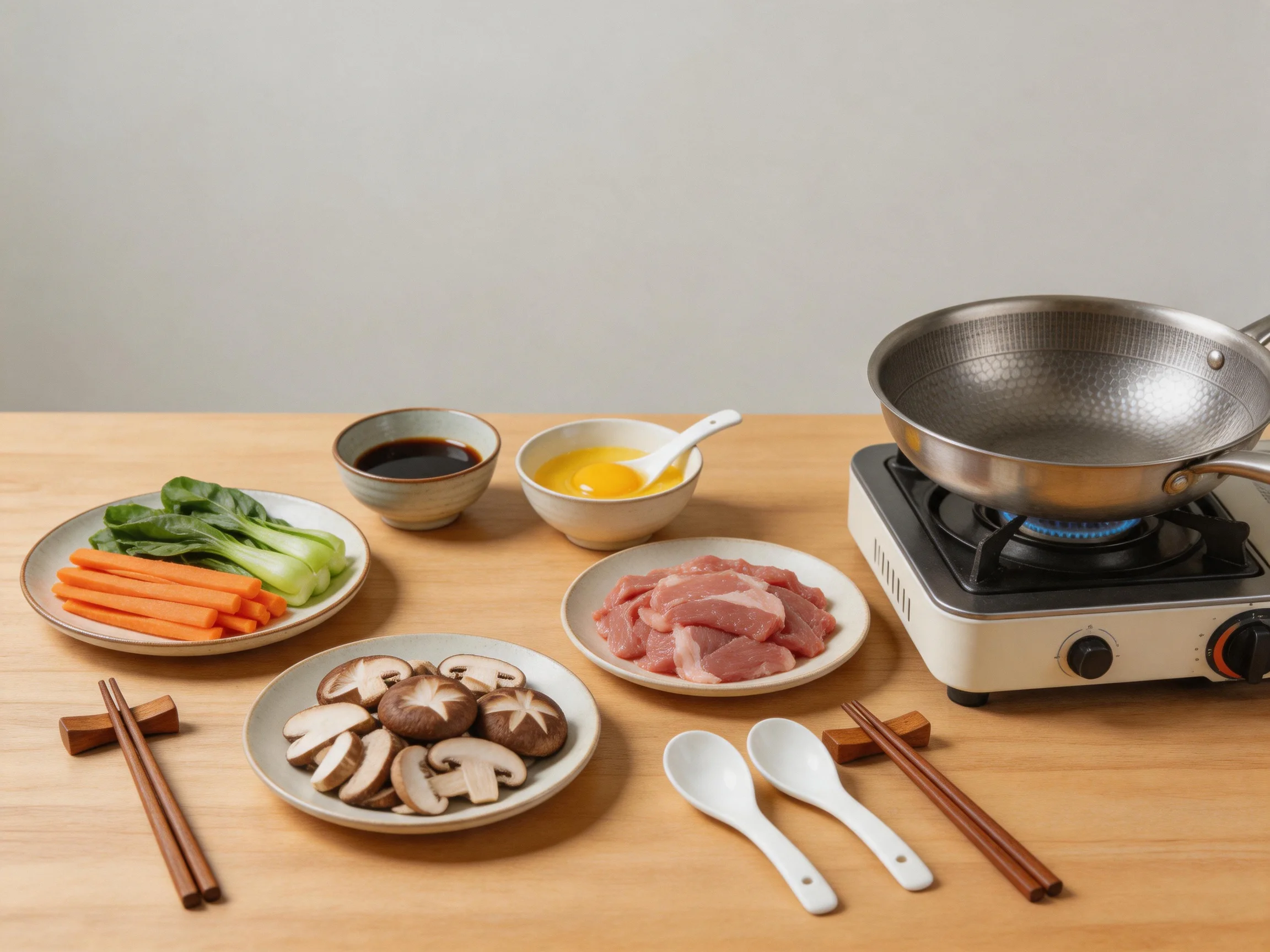A cooking preparation scene with fresh vegetables, sliced meats, and cookware