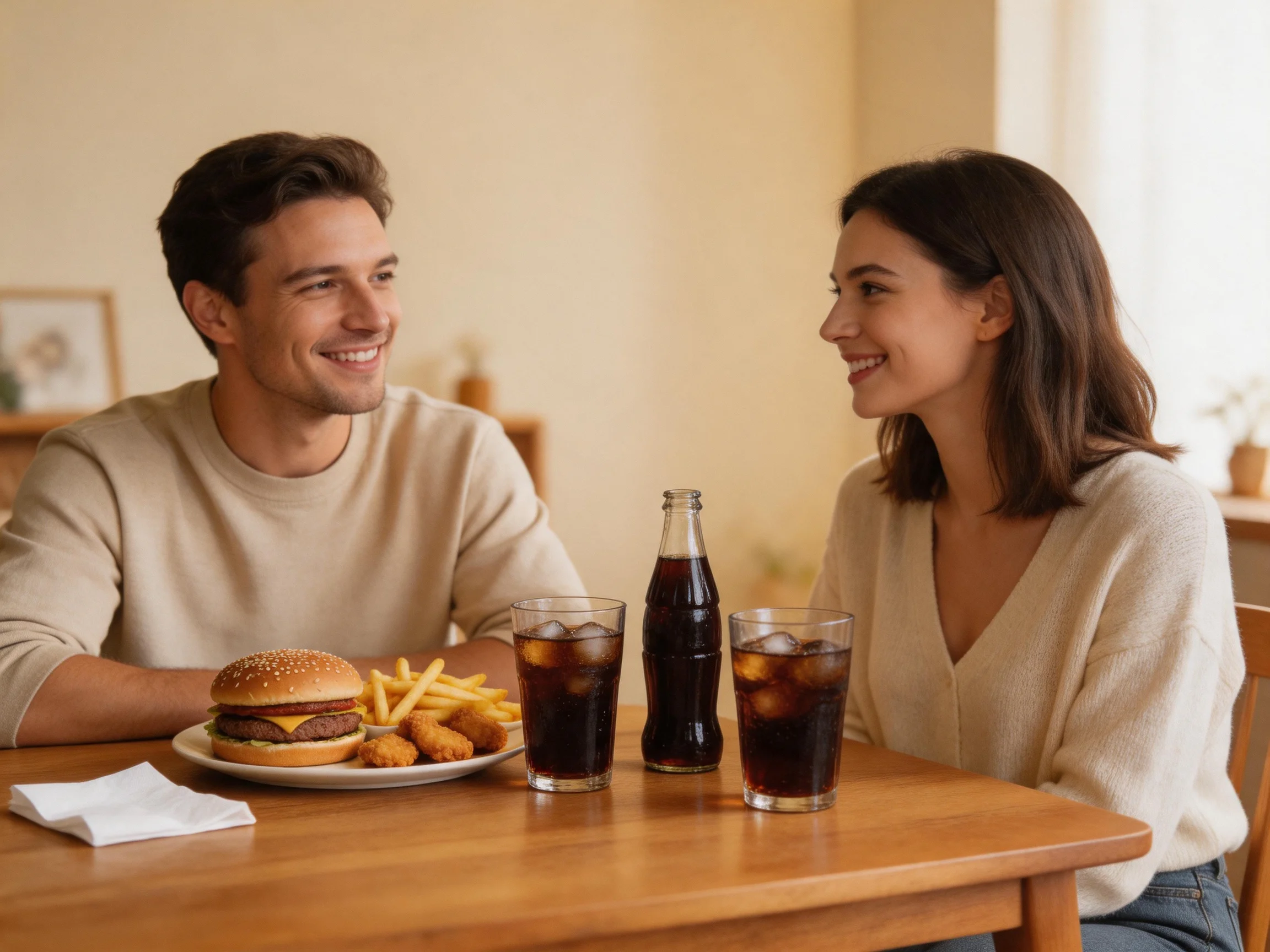 A couple enjoys burgers, fries, and sodas at a wooden table