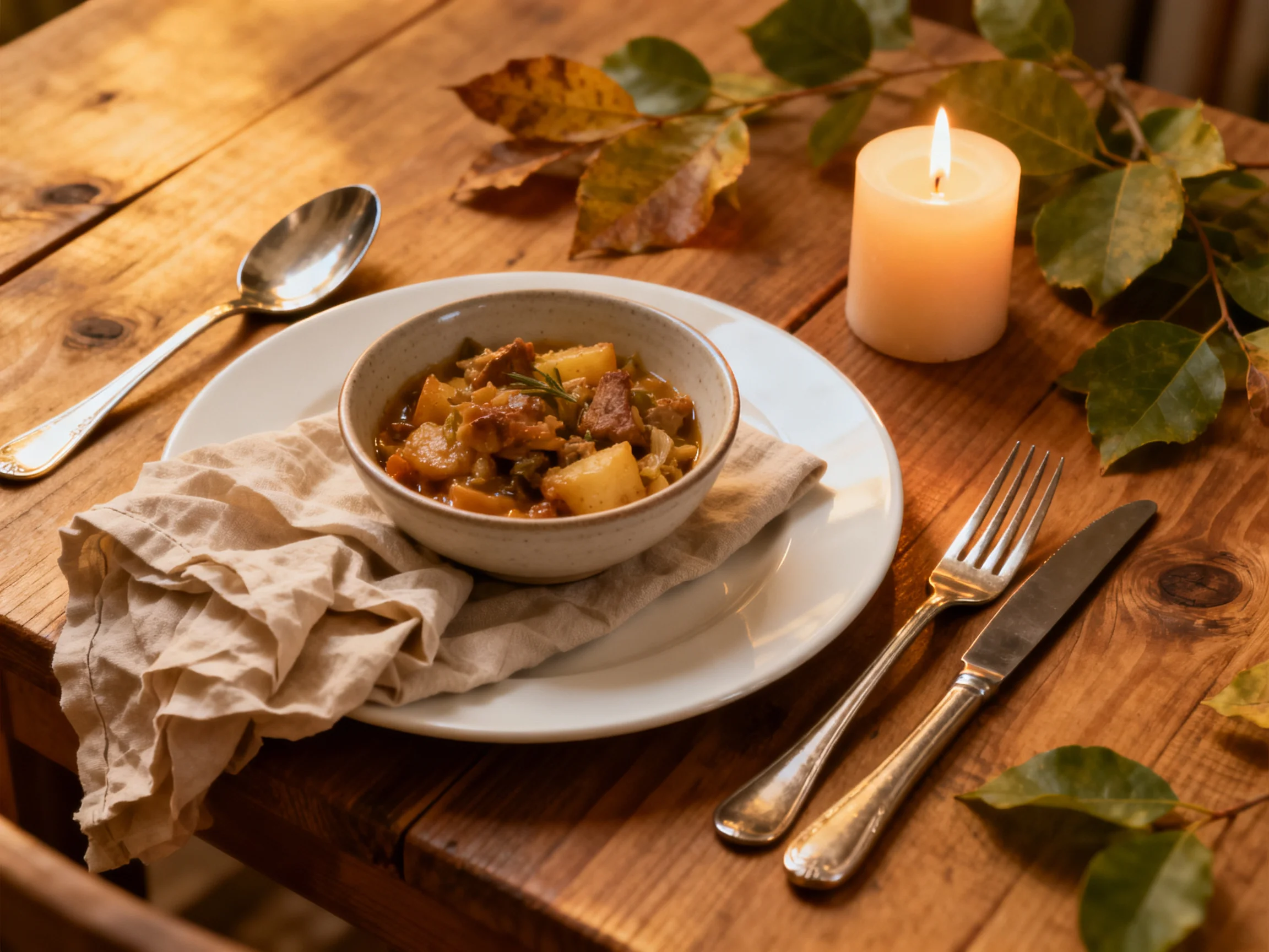 A cozy autumn meal setup with lit candle and rustic wooden table