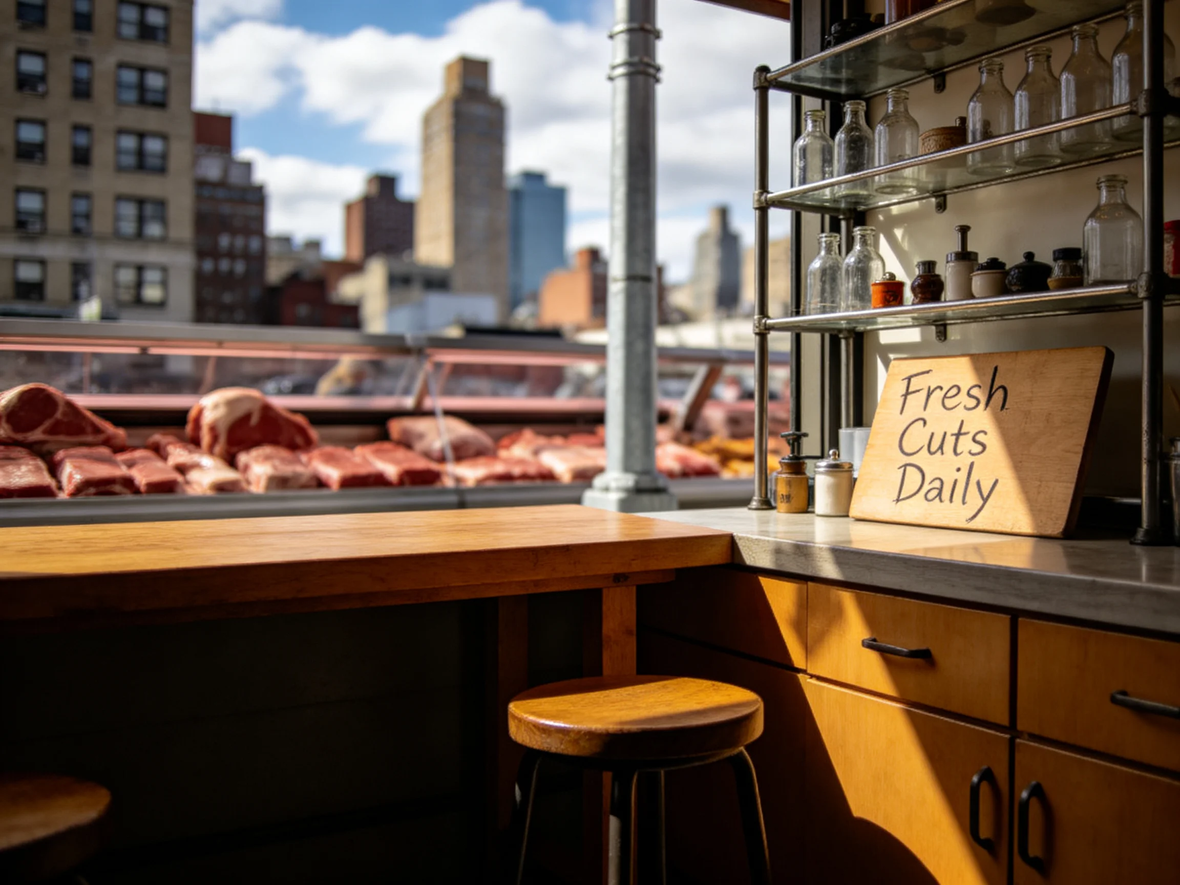 A cozy butcher shop corner with fresh cuts display and urban skyline