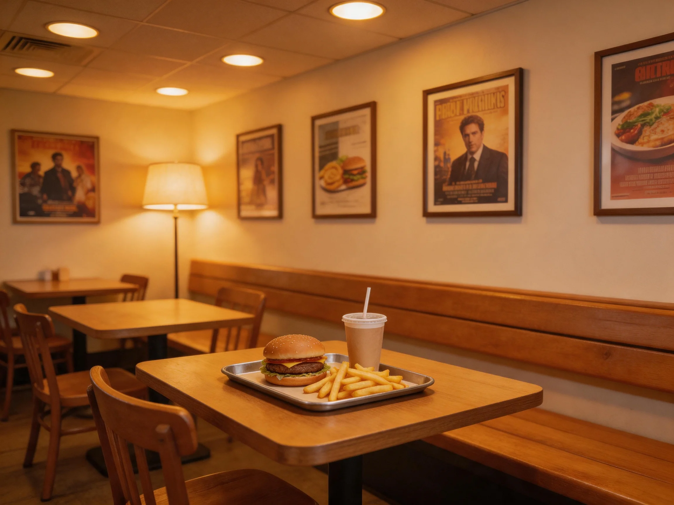 A cozy diner interior with wooden benches, tables, and framed posters