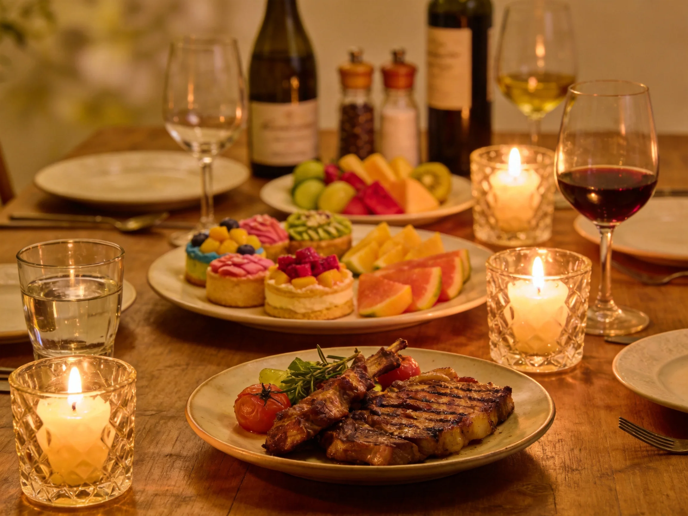 A cozy dinner spread with grilled steaks, colorful pastries, and glowing candles