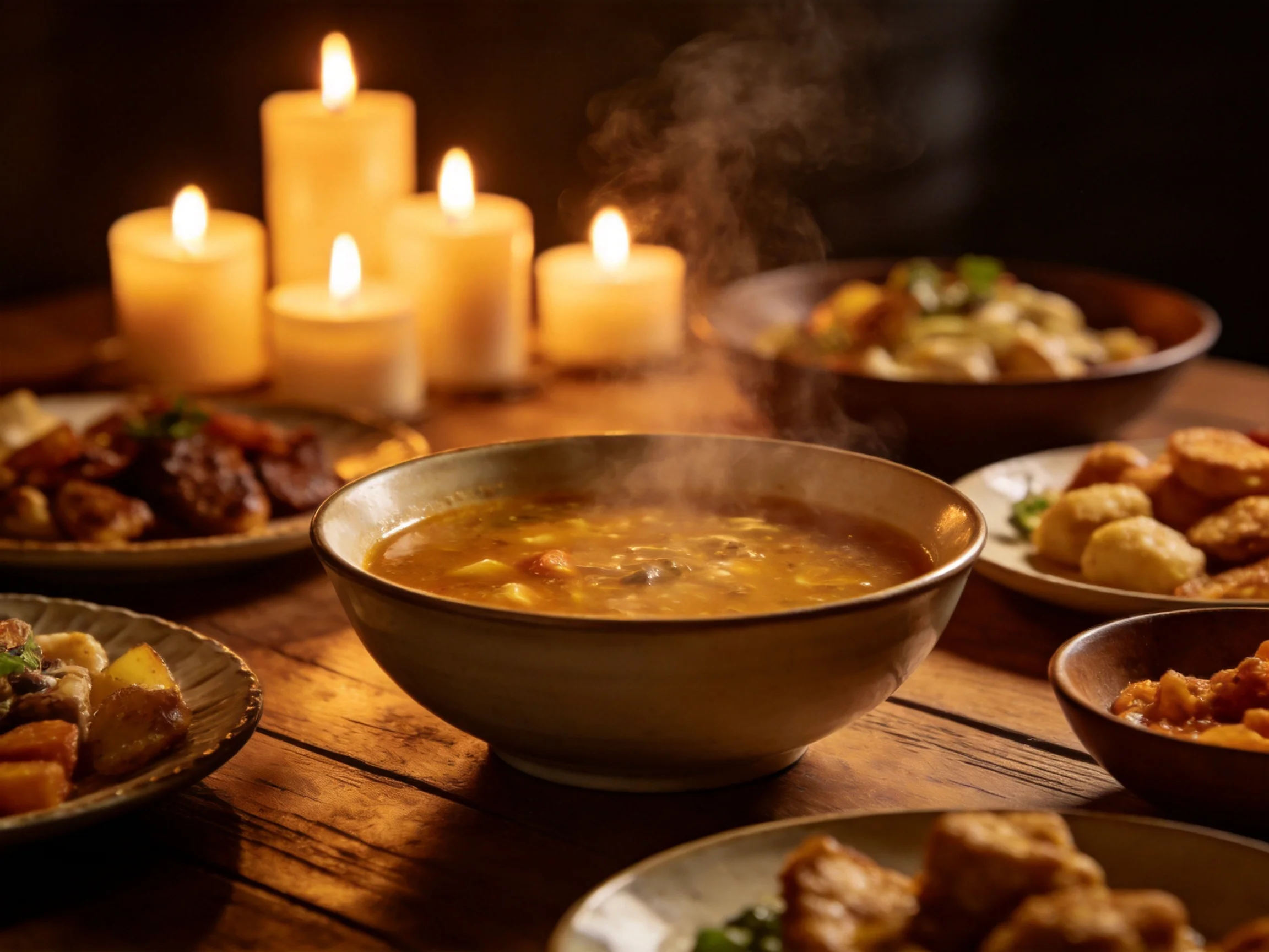A cozy dinner spread with steaming soup and glowing candles