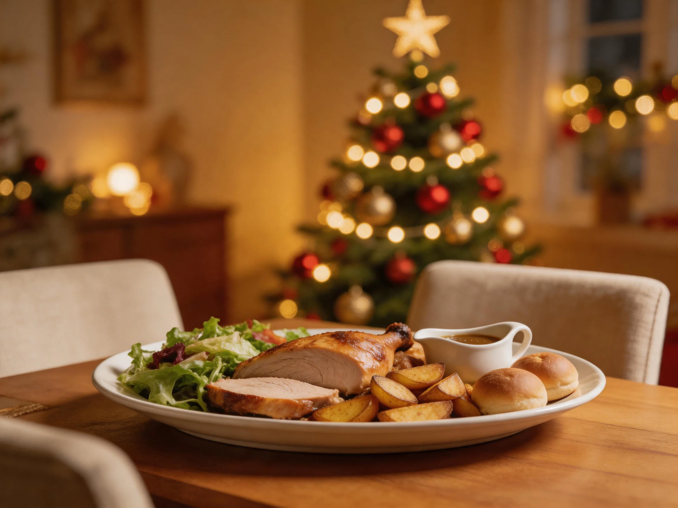 A cozy holiday feast with roasted chicken, potatoes, and rolls by a decorated Christmas tree