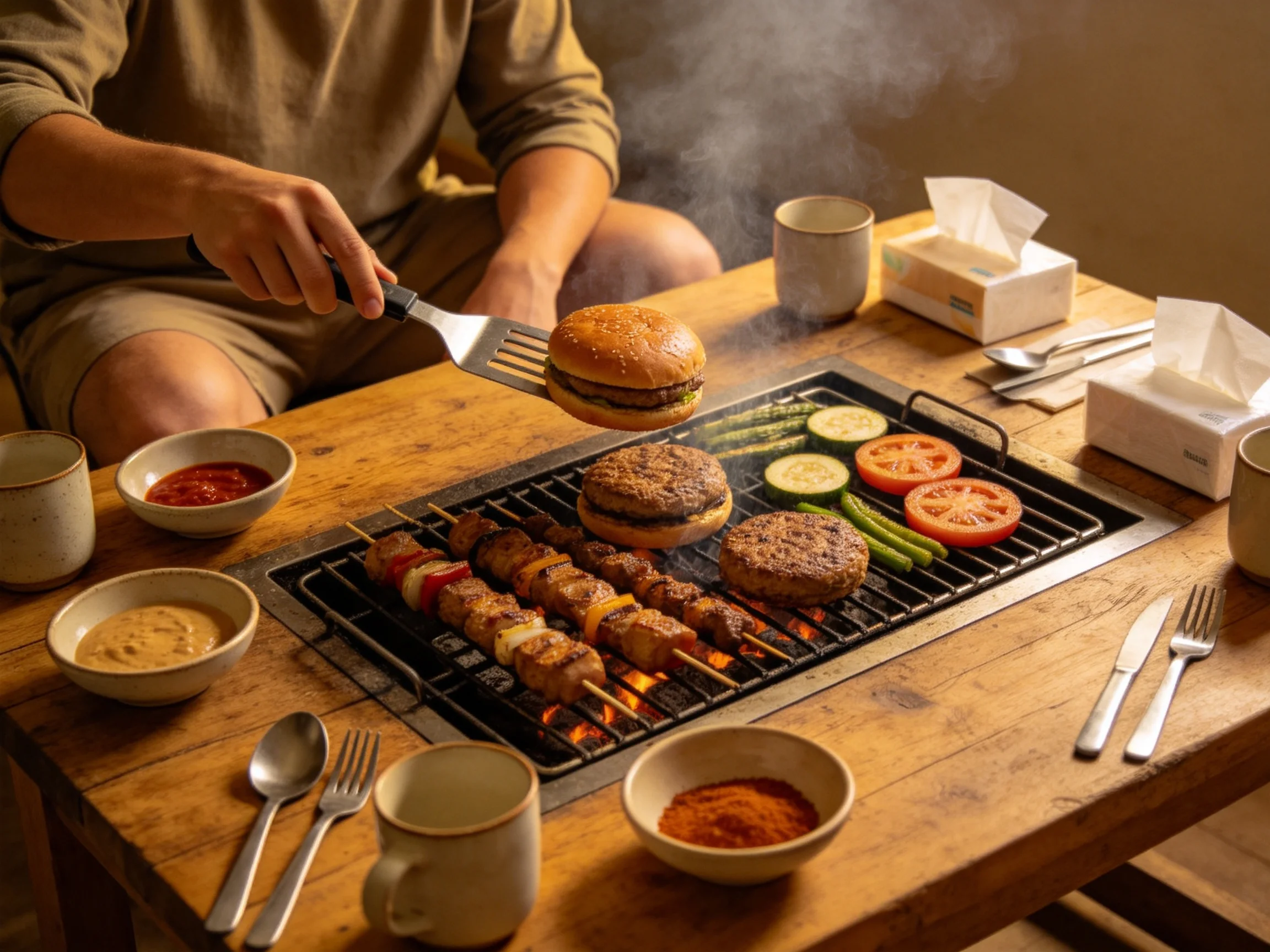 A cozy indoor grill setup with burgers, skewers, and fresh vegetables