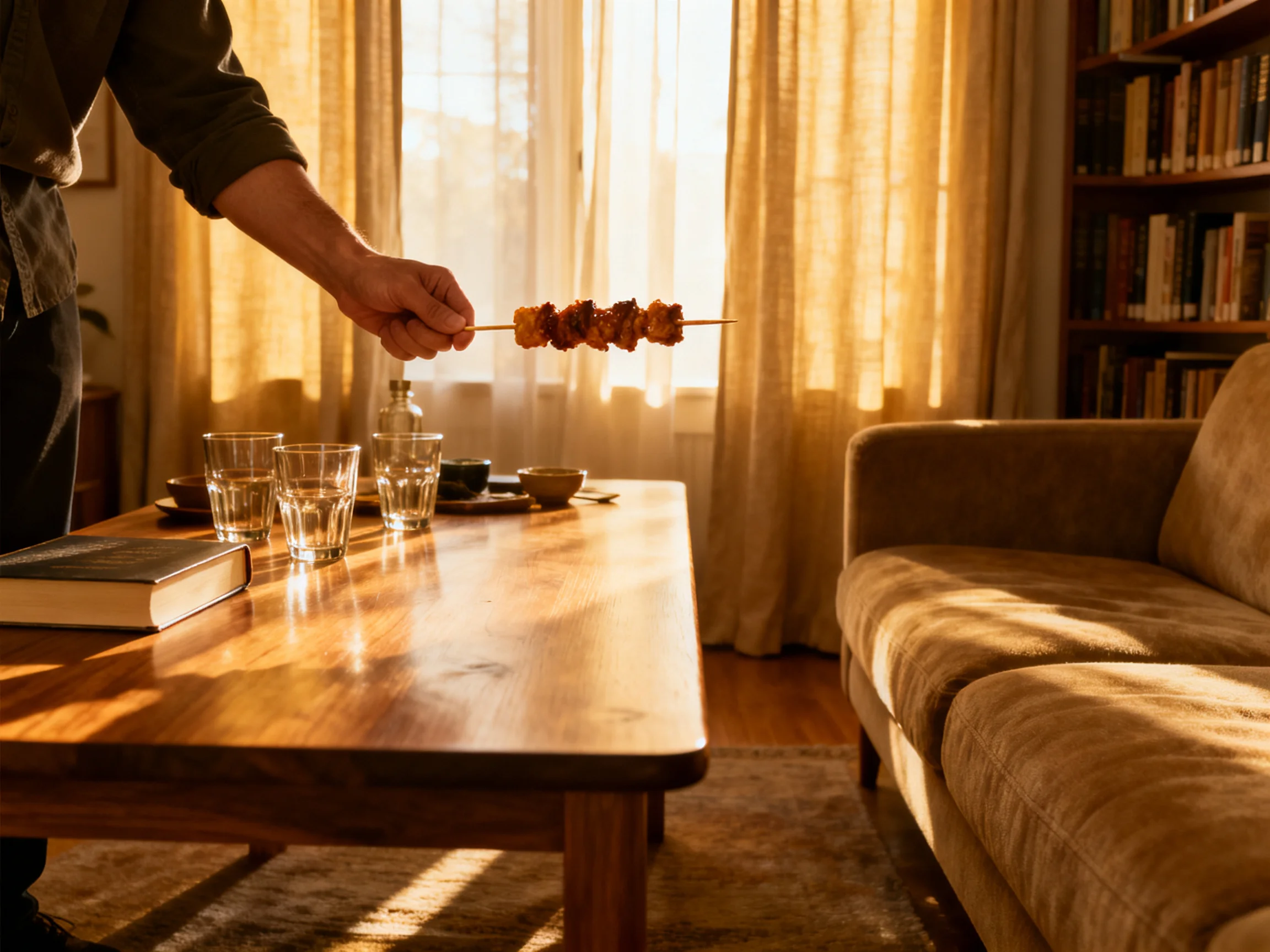 A cozy living room with a wooden table, skewer, and warm sunlight